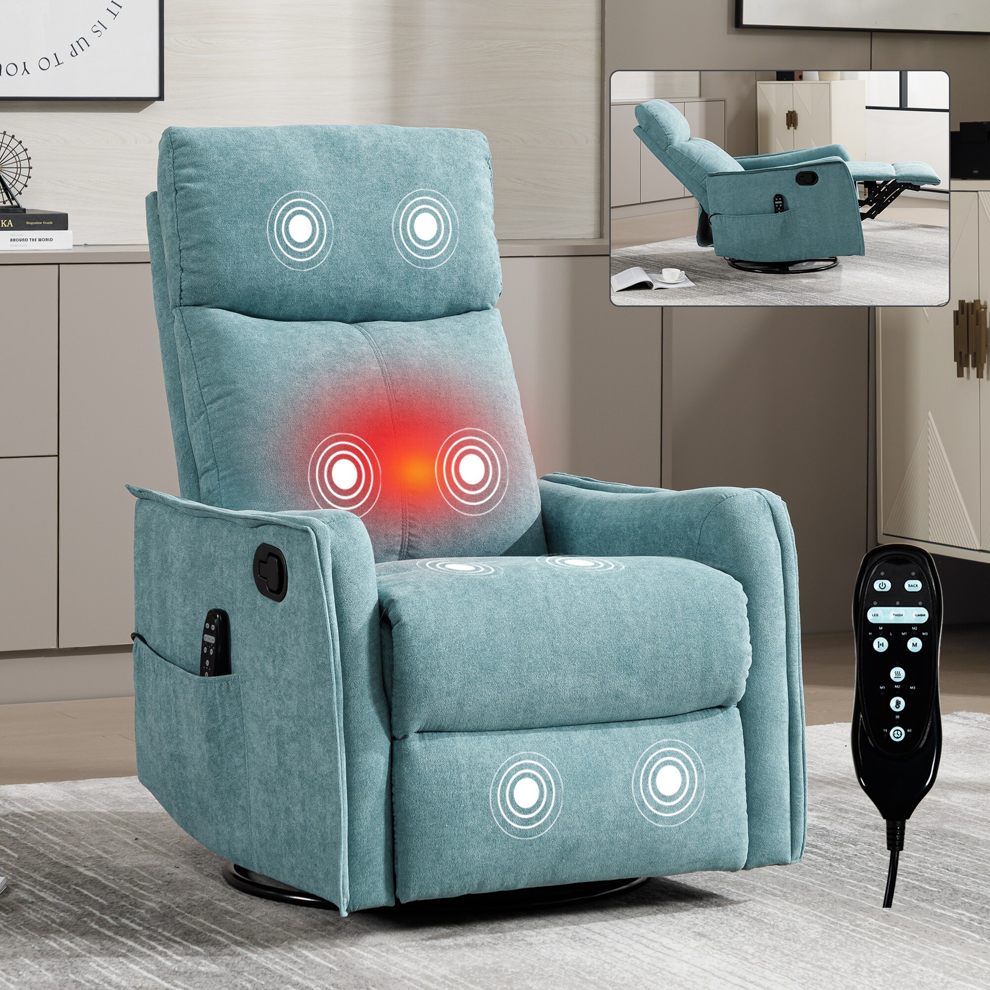 LUXEYARD Heat Massage Manual Recliner Chair with Rocker and Swivel in Fabric for Living RoomBlue-Green