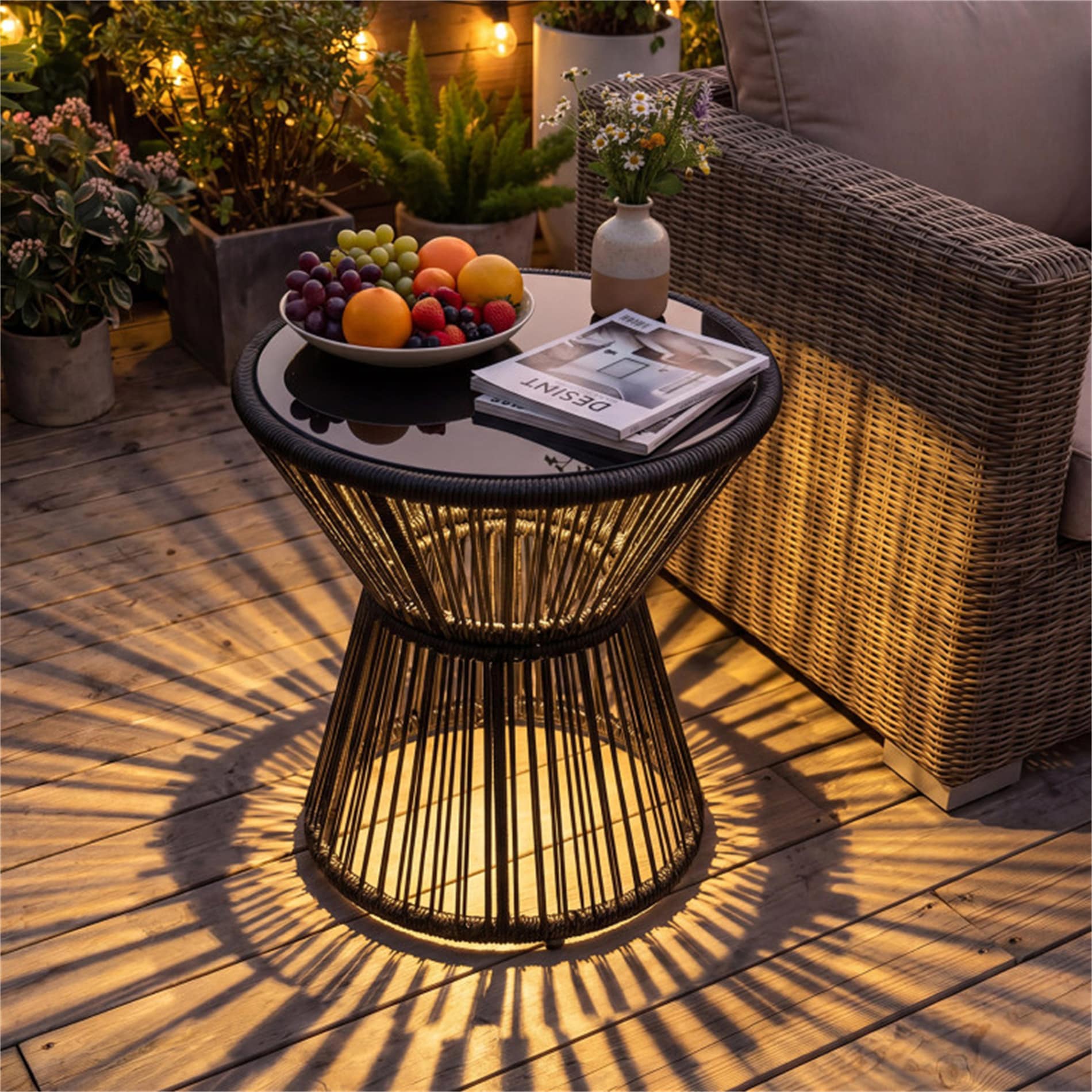 BABOOM Patio Bohemian elegance Table with LED Warm Light Round Rattan Outdoor End Table 18-in W x 18-in L with Umbrella Hole