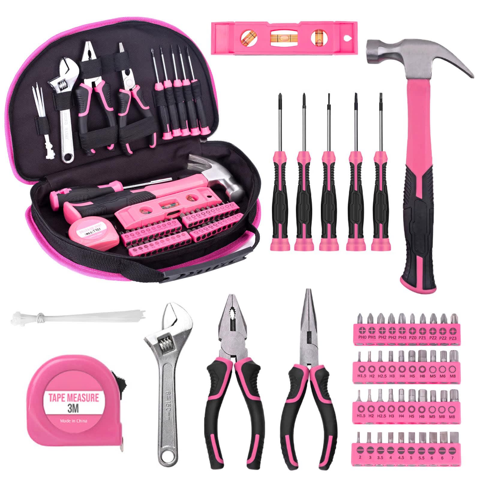 Etokfoks  63 Piece Tool Set Kit with Bag for Home Repairs DIY Projects Includes Hammer Pliers Screwdrivers Wrenches Tape Measure Level Pink