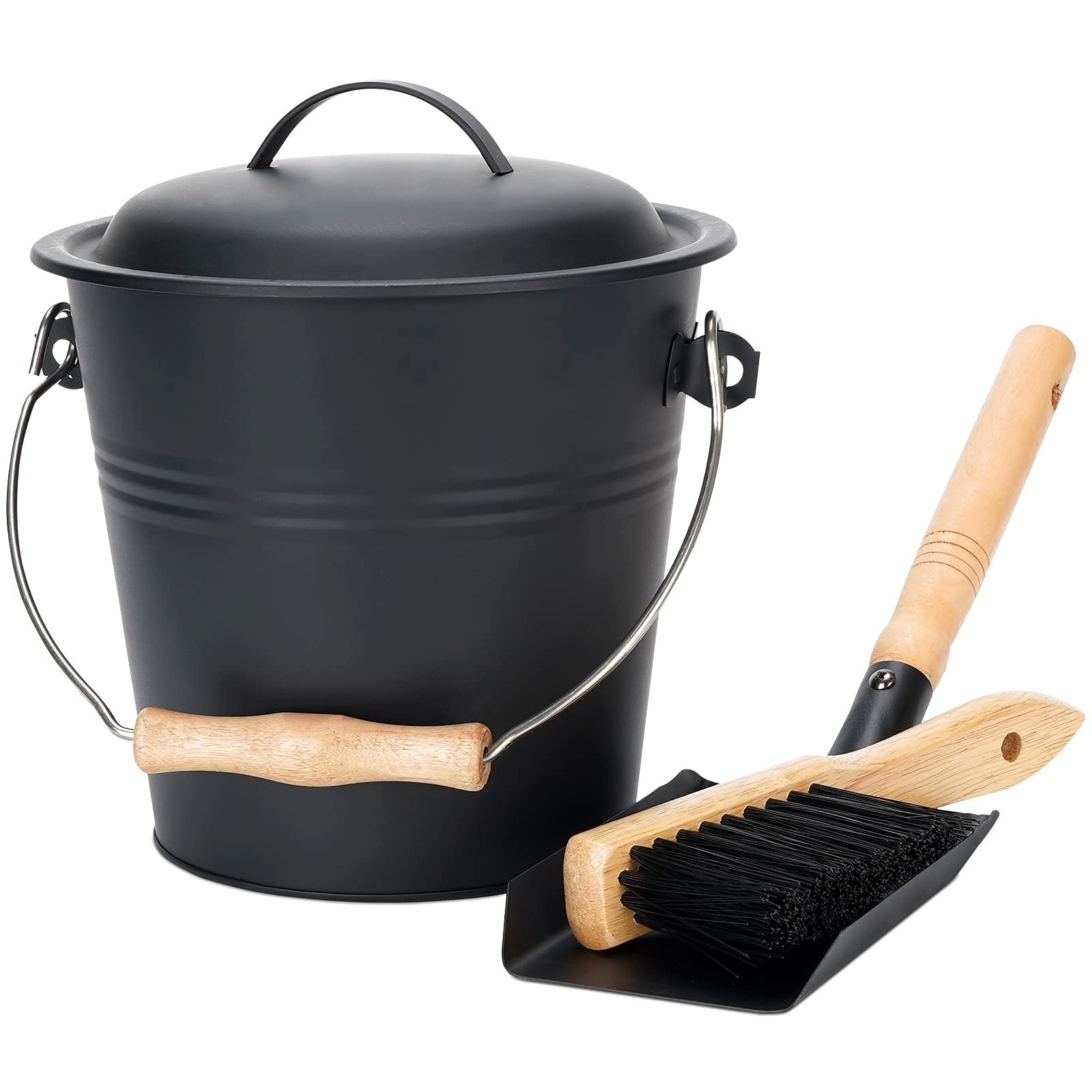 Misopily  1 Point 5 Gallon Metal Ash Bucket Set with Lid Shovel and Broom Double Insulated for Fireplace Wood Stove Fire Pit Hearth Grill