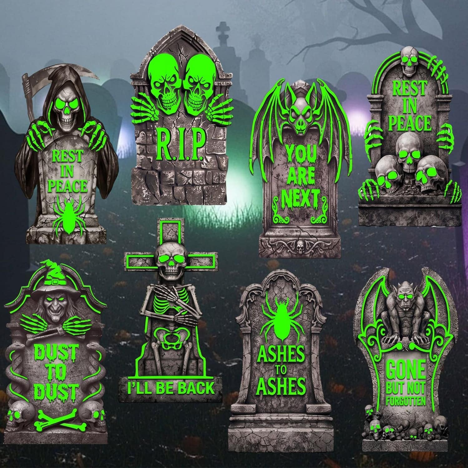 OGETFUUR 8-Piece 15.7-in Gray Glow in the Dark Tombstone Halloween Yard Sign with Skeletons Bats for Outdoor Lawn
