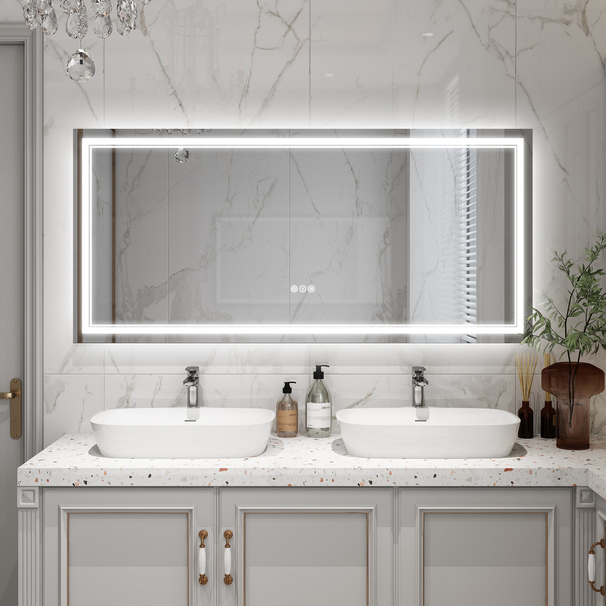 WELLFOR EX-3-6028BL TF 60-in x 28-in Polished Frameless Rectangle Dimmable LED Lighted Fog Free Bathroom Vanity Mirror ( Silver )