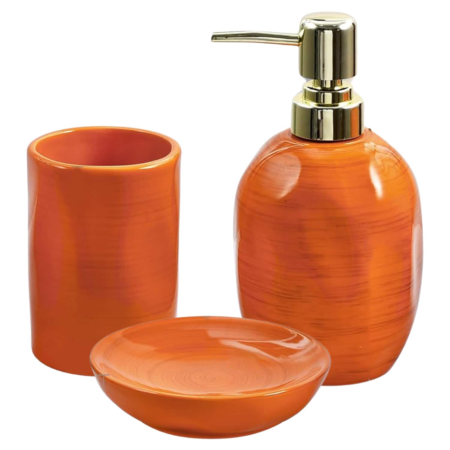 Etokfoks  Burnt Orange Ceramic Bathroom Set Three Piece Soap Dispenser Toothbrush Holder and Soap Dish with Textured Finish