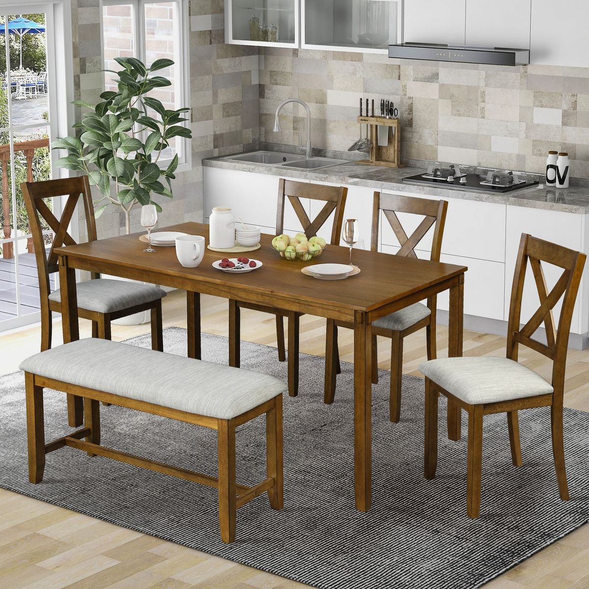 JASMODER ST000013AAD 6-Piece Kitchen Dining Table Set Wooden Rectangular Dining Table, 4 Dining Chairs And Bench Family Furniture For 6 People (Brown)