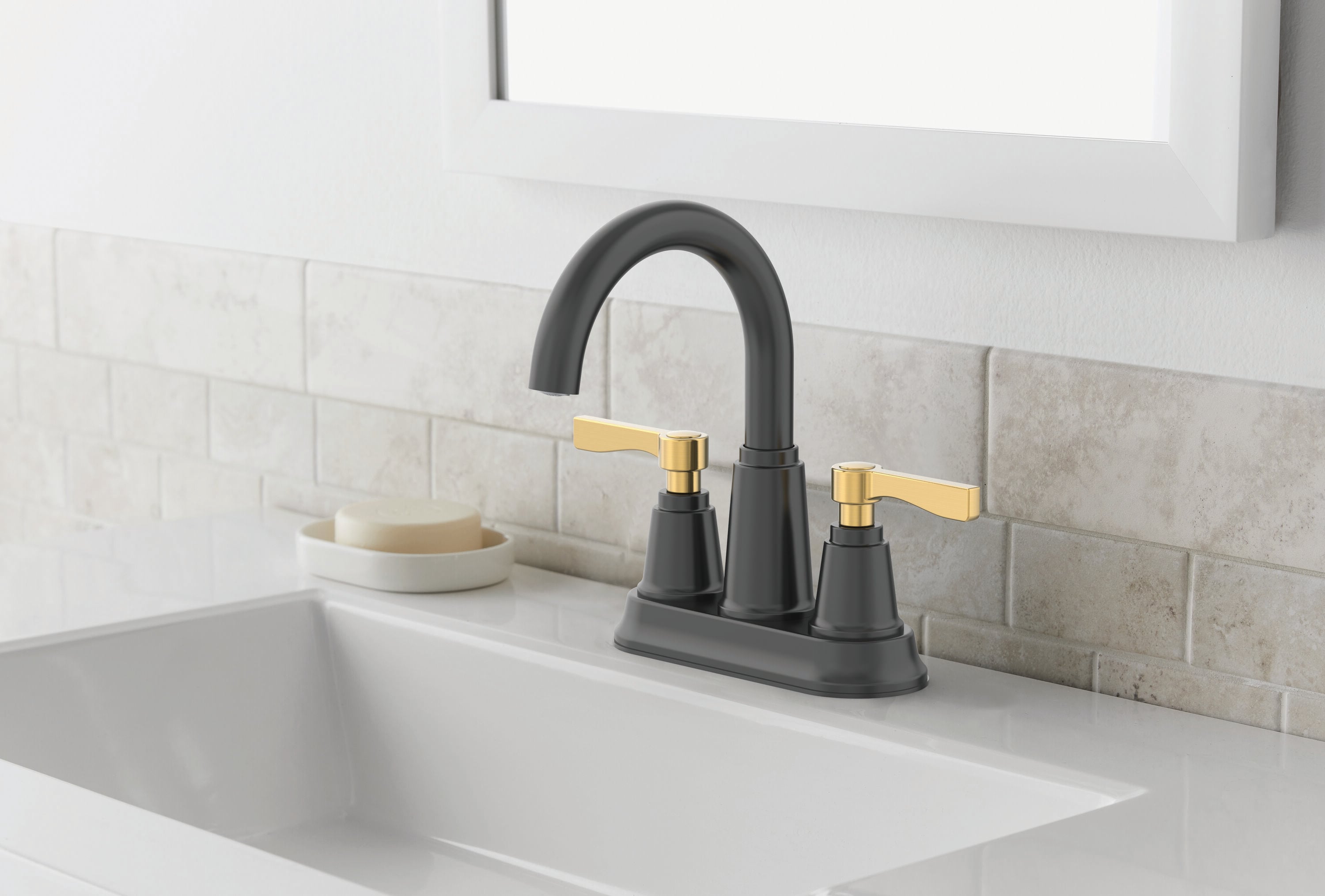 allen + roth 67130W-609068 Townley Matte black and brushed gold 4-in centerset 2-handle WaterSense High-arc Residential Handle Bathroom Sink Faucet with Drain with Deck Plate