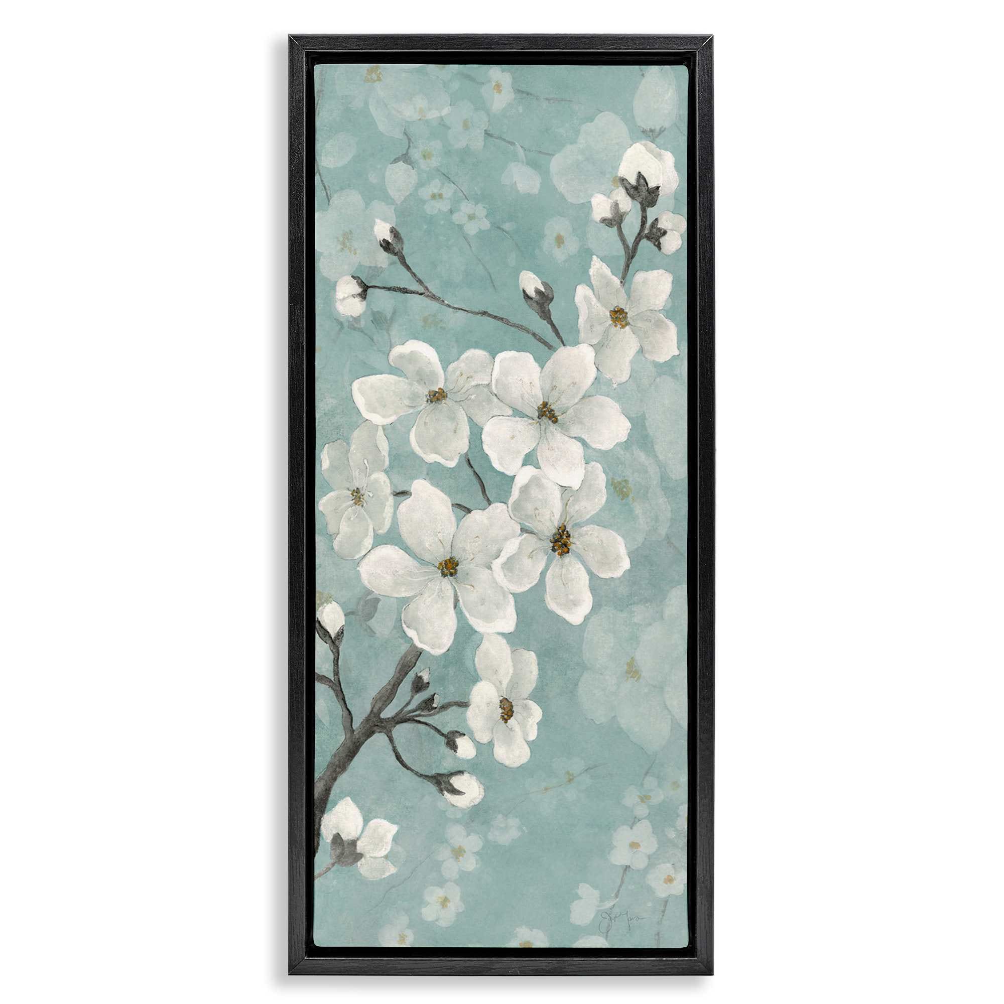 Stupell Industries BS-252-FFB-10X24 Cherry Blossoms on Green Black Framed Floater Canvas Wall Art By Janet Tava 11 x 25