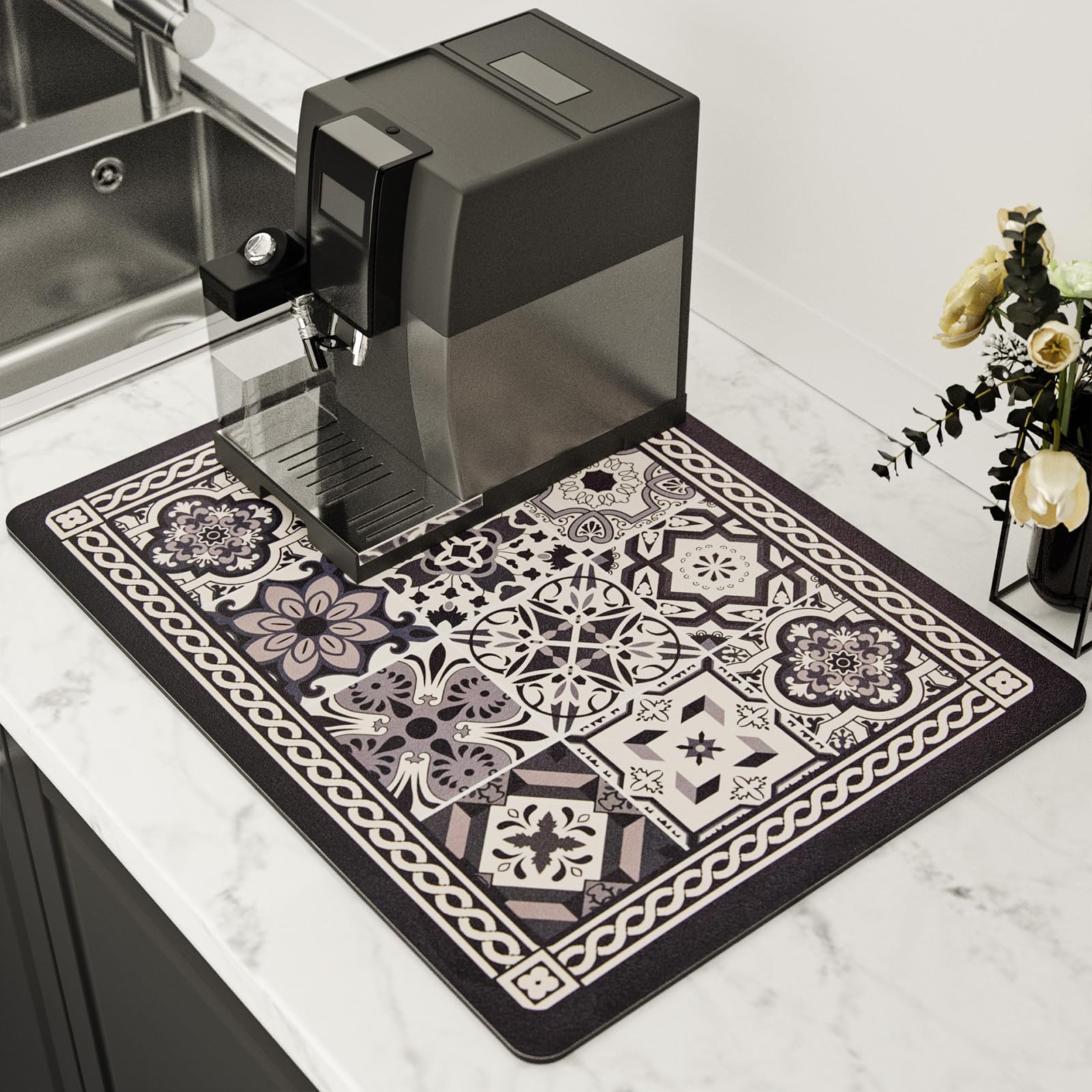 UUDULY  Boho Style Coffee Mat Fast Water Absorption Stable Non Slip Bottom for Kitchen Countertop and Coffee Bar 12 by 19 Black
