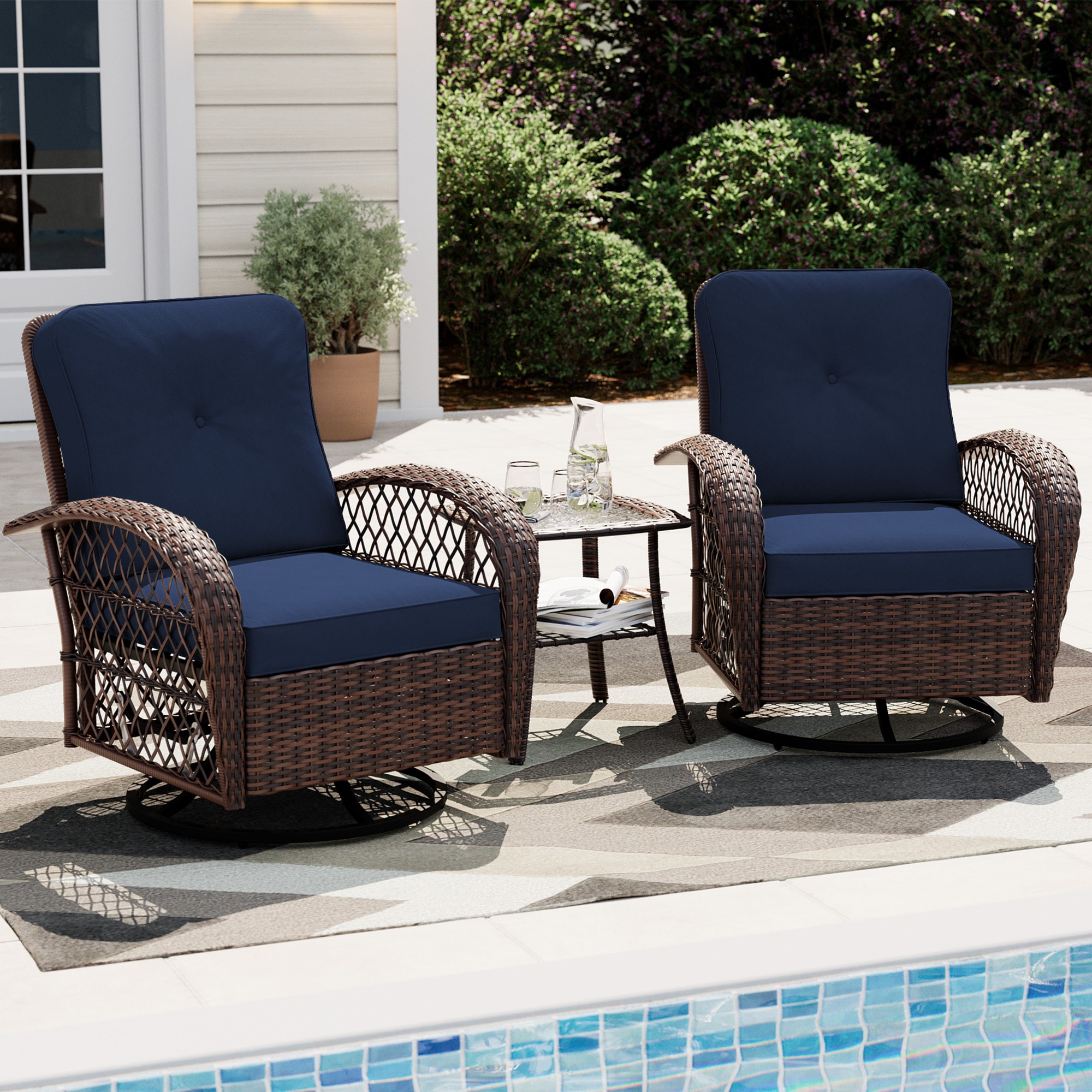 UPHA Y9BR-CJ2-NA Patio Swivel Chairs Set of 2 Rattan Brown Iron Frame Swivel Conversation Chair with Navy Cushioned Seat