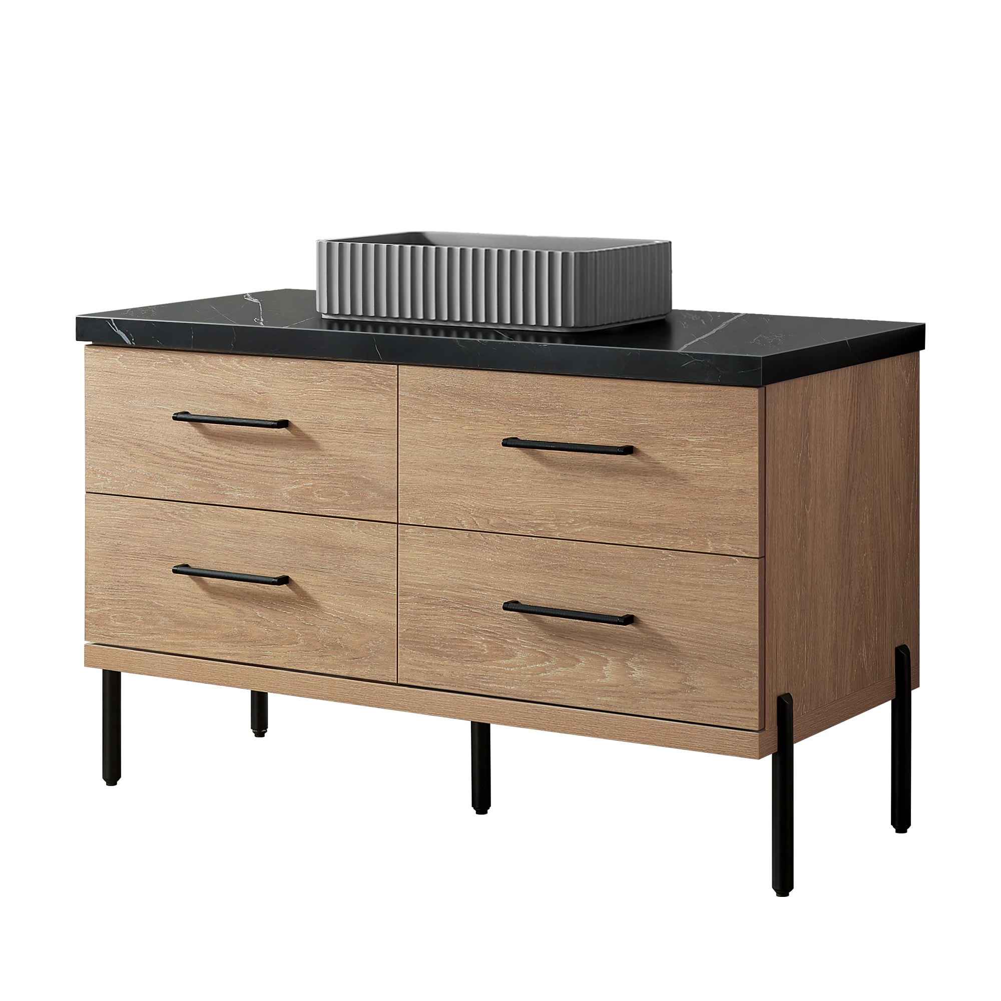 Vinnova 48-in North American Oak Finish Single Sink Bathroom Vanity with Black Sintered Stone Top Sintered Stone Top