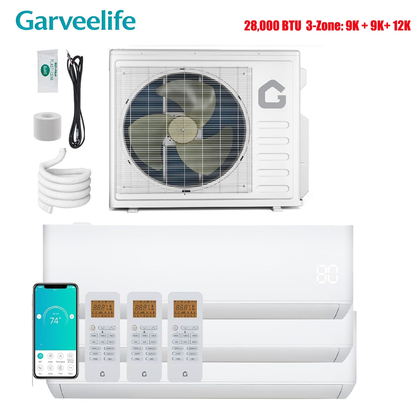 GarveeLife 28000BTU Tri Zone (9000+9000+12000 BTU) Mini Ductless Split Air Conditioner and Heater 20 SEER2 208-230V