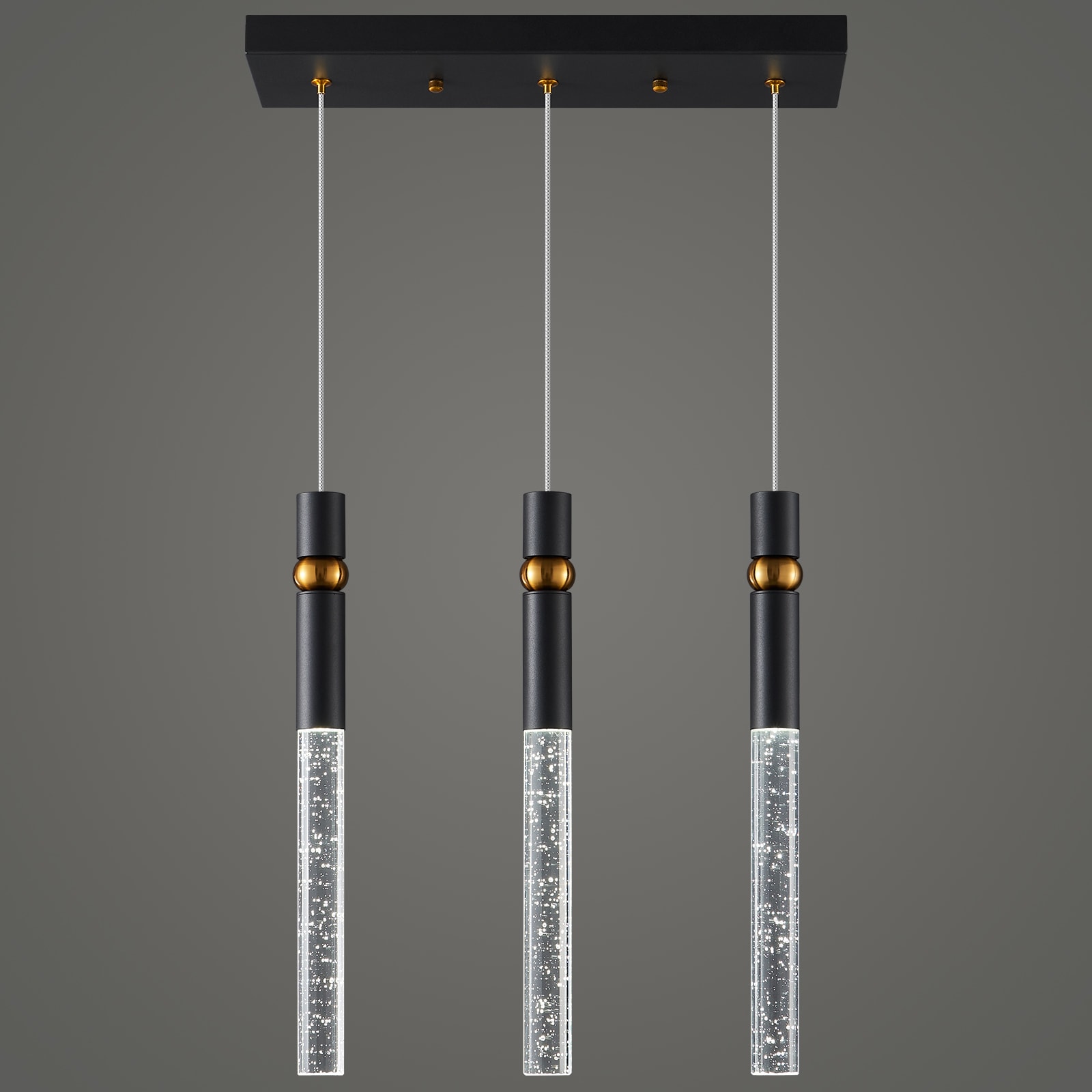 ZHLLMQ Modern 3-Light Linear Multi Drop Style Black Two-Tone Finish Bubble Infused Crystal Cylinder Shaped Integrated LED 16.92 Inch Dining Room Hardwired Linear Pendant Light