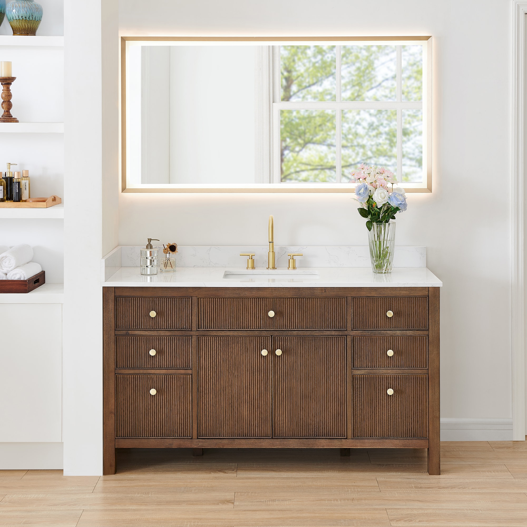 Altair 567060S-BK-GW Cerrito 60-in Brown Brushed Oak Undermount Single Sink Bathroom Vanity with Grain White Engineered Stone Top (Mirror Included)