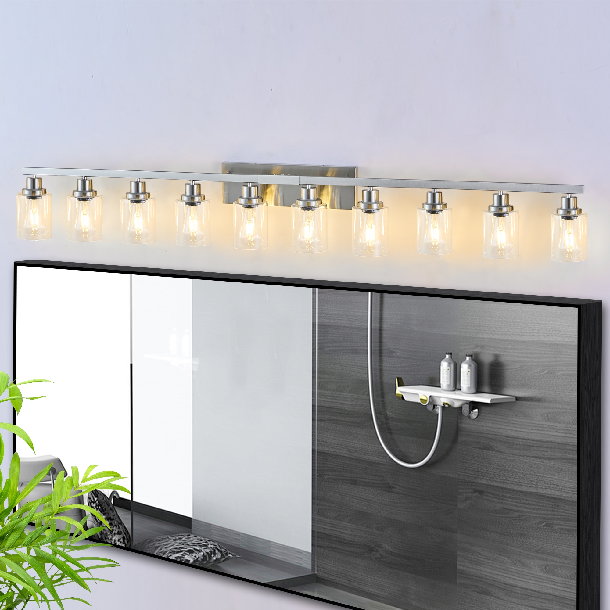 Zitrend 65-in Brushed Nickel Bathroom Vanity Light Modern 10-Light Steel Wall Fixture with Clear Glass Cylinder Shades for Wide Mirrors