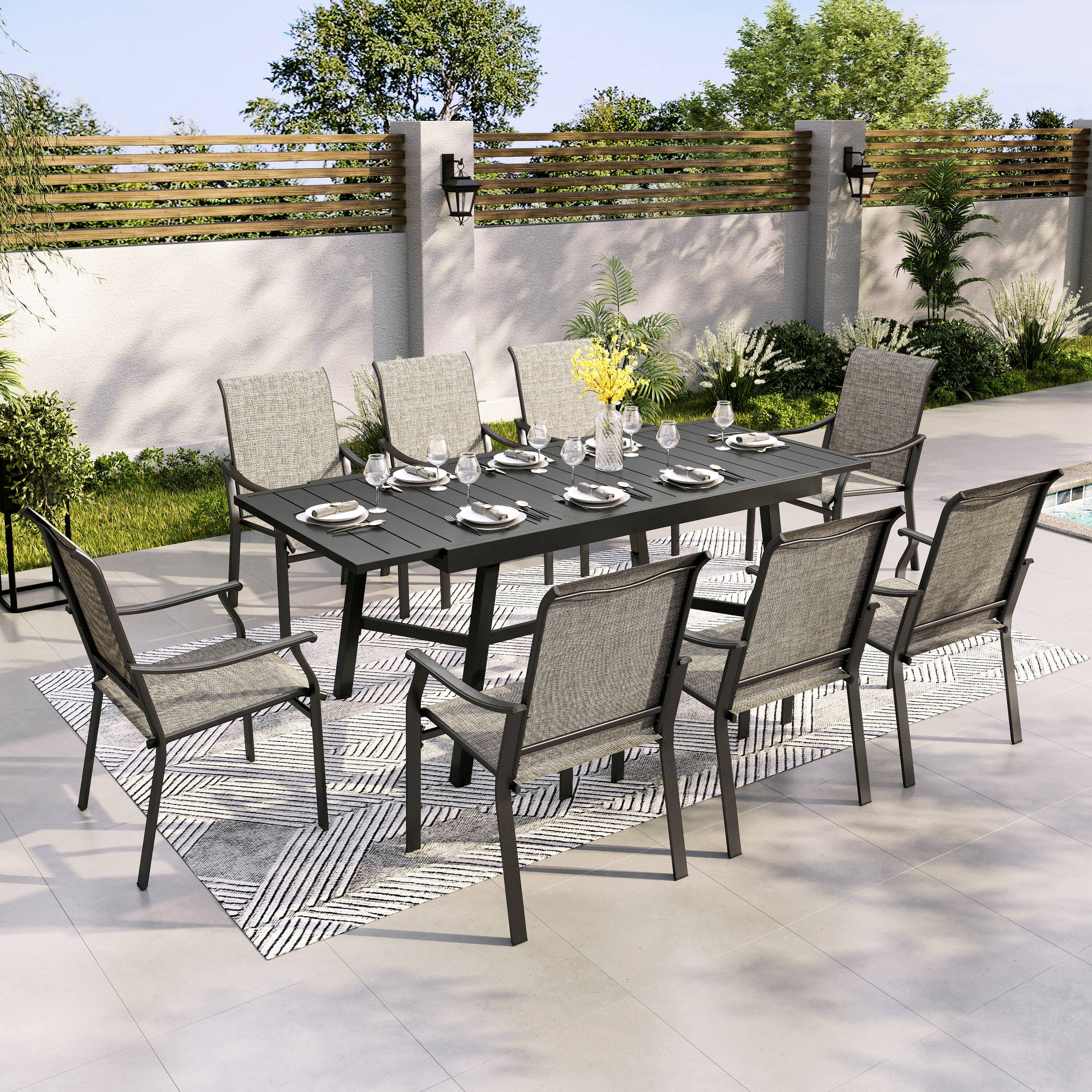 Sunshine Valley TC9-165-305 Outdoor Patio Dining Set with Extendable Table and Stationary Chairs