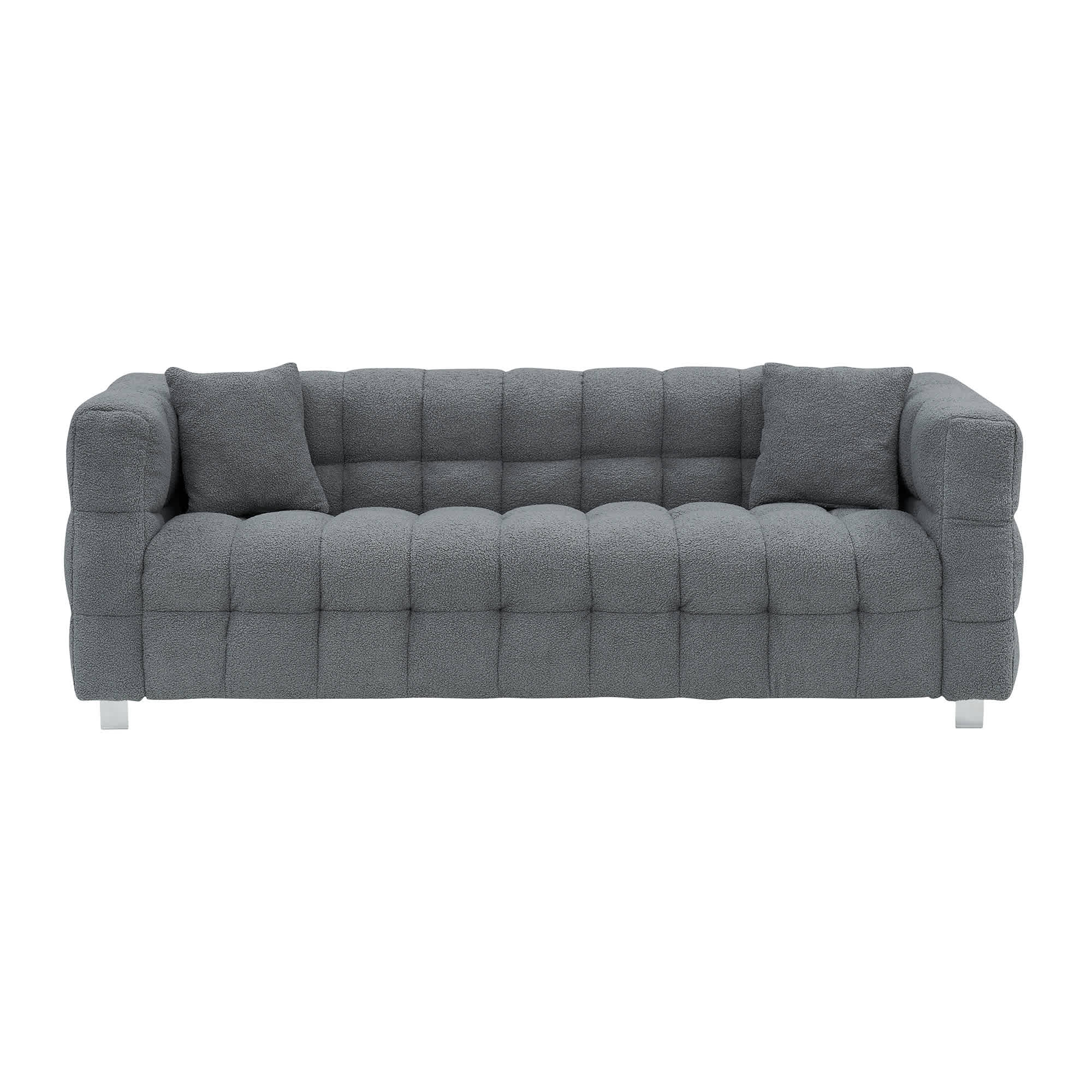 Rbied YNA-001 80-in L Grey Teddy Fleece Sofa with 2 Pillows and 360° Curved Backrest