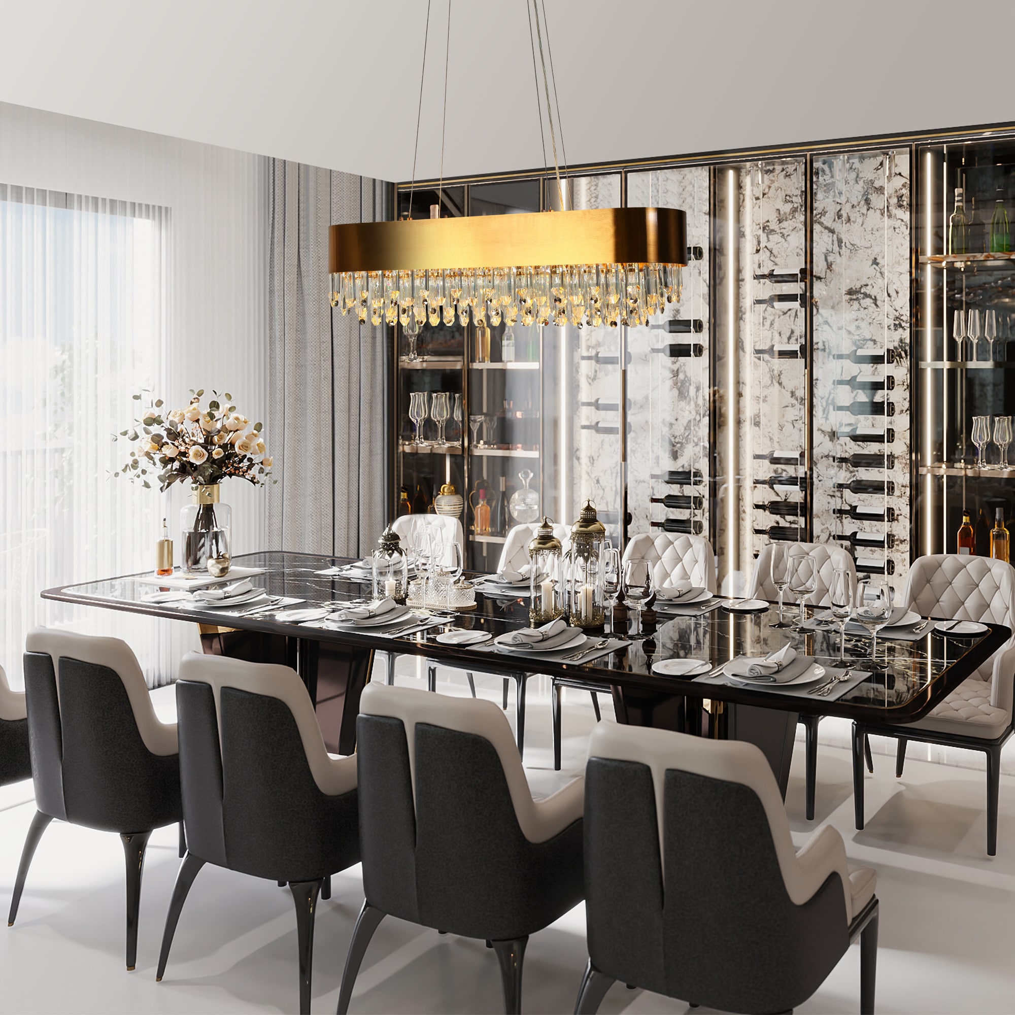 Elegant Brass and Crystal 10-Light Rectangular Chandelier