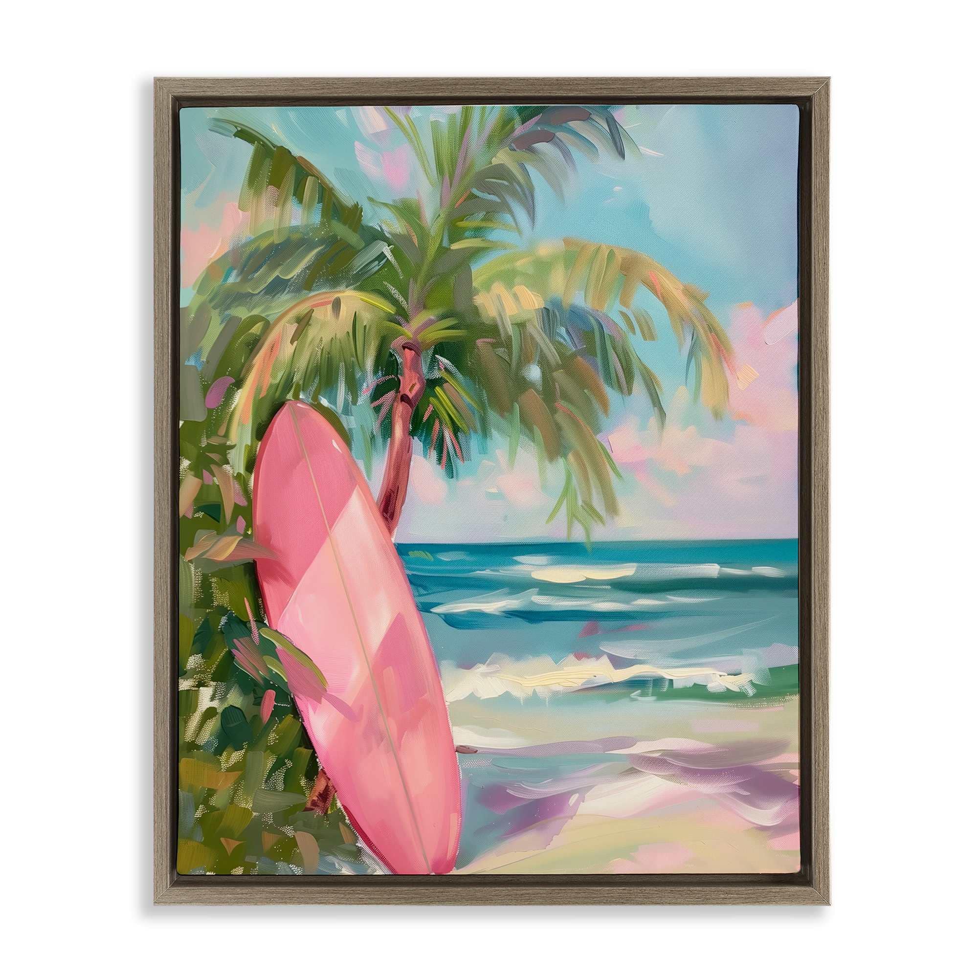 Stupell Industries BT-693-FFE-24X30 Pink Surfboard on Beach Brown Framed Floater Canvas Wall Art By Arlington Prints 25 x 31
