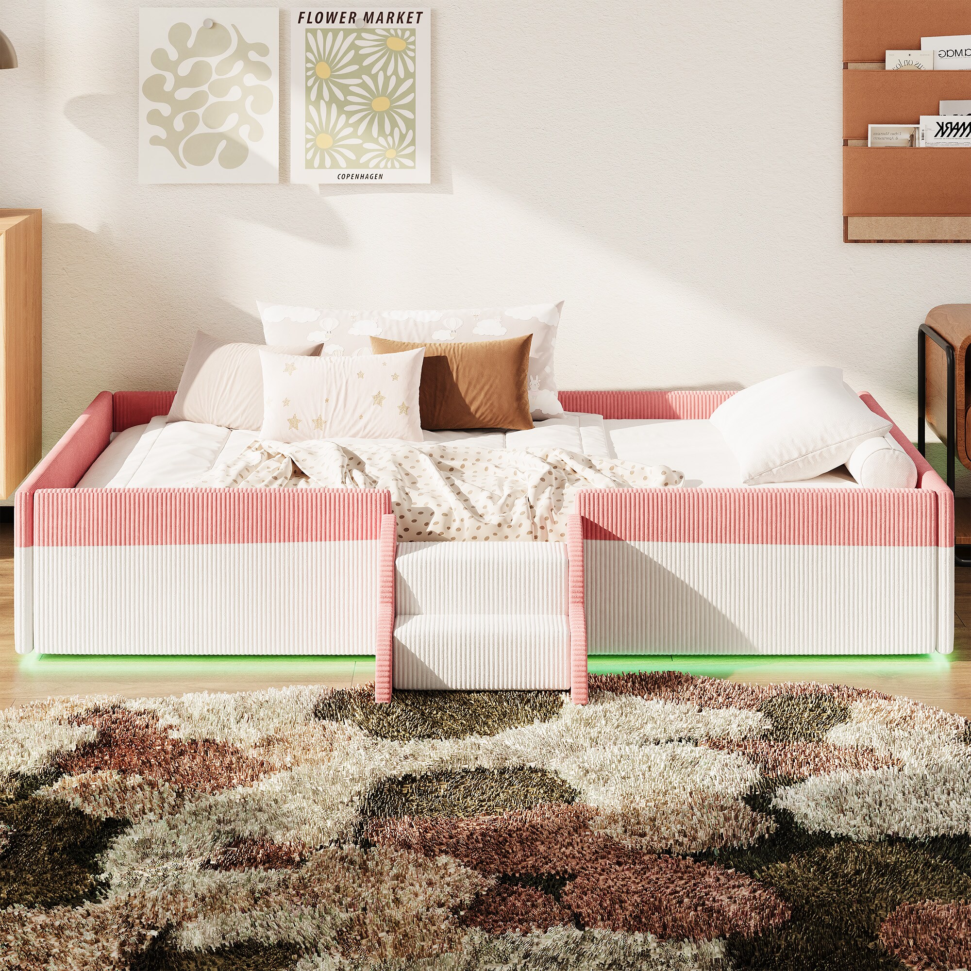 JUSHUA Twin Size Upholstered Floor Bed with Fence 2-Tier Steps and ...
