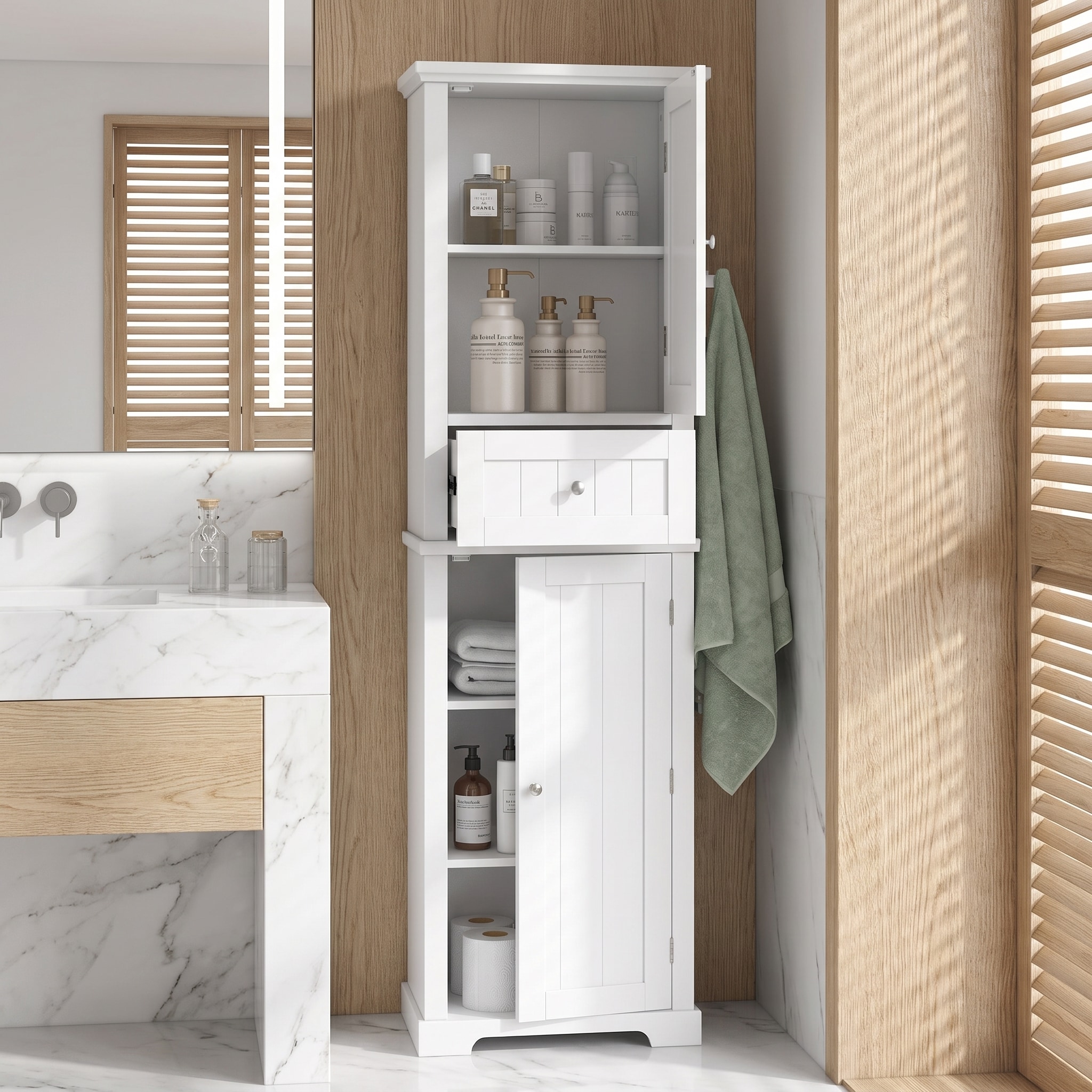 Watnature  White Tall Freestanding Bathroom Storage Cabinet with Drawer and Adjustable Shelf Made of MDF Board with Painted Finish