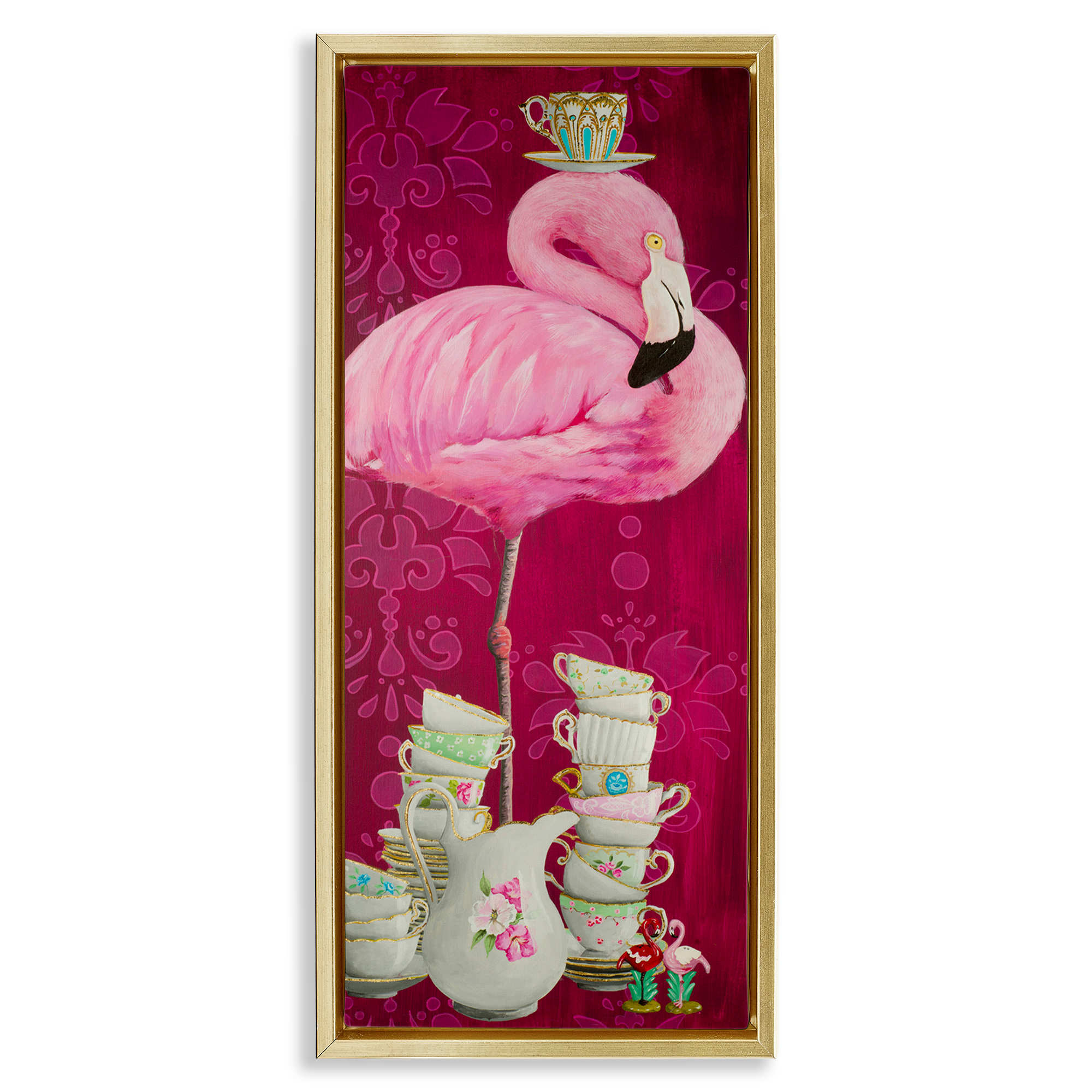 Stupell Industries BT-232-FFG-10X24 Flamingo with Antique Teacups Floating Frame design by Heather Gauthier