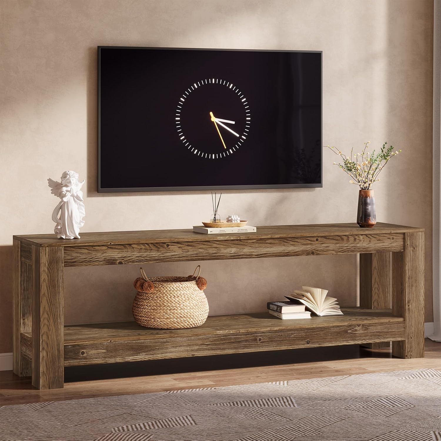 LITTLE TREE 70.9 Inch Farmhouse Rustic Brown Solid Wood TV Stand for 65 70 80 85 Inch TVs Entertainment Center with Storage Shelves for Living Room Bedroom