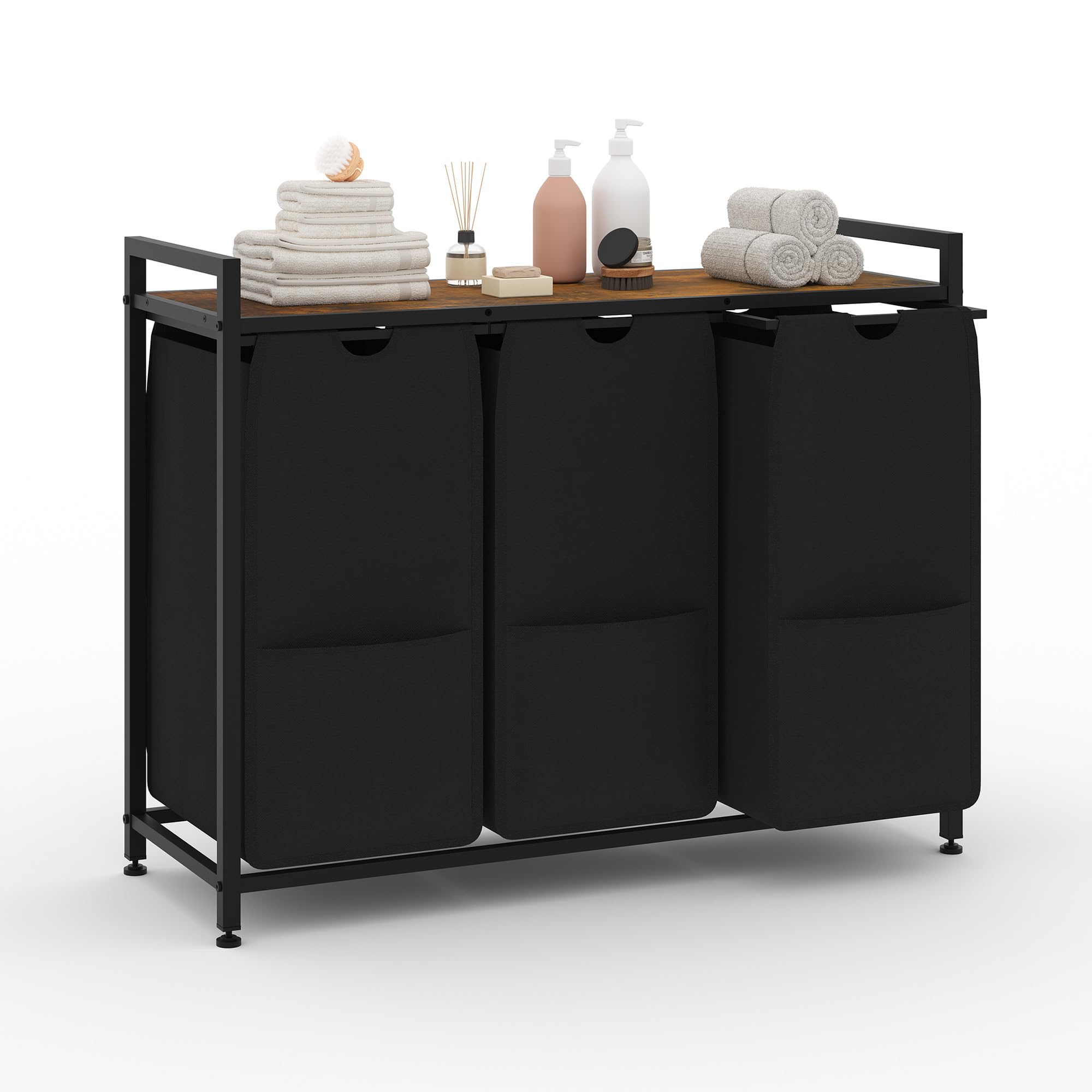 GarveeLife Black 3 Section Laundry Sorter with Wood Top Triple Pull-Out Laundry Hamper Organizer with Removable Bags Freestanding Metal Clothes Basket #C1G-QJSGNOLUYO9