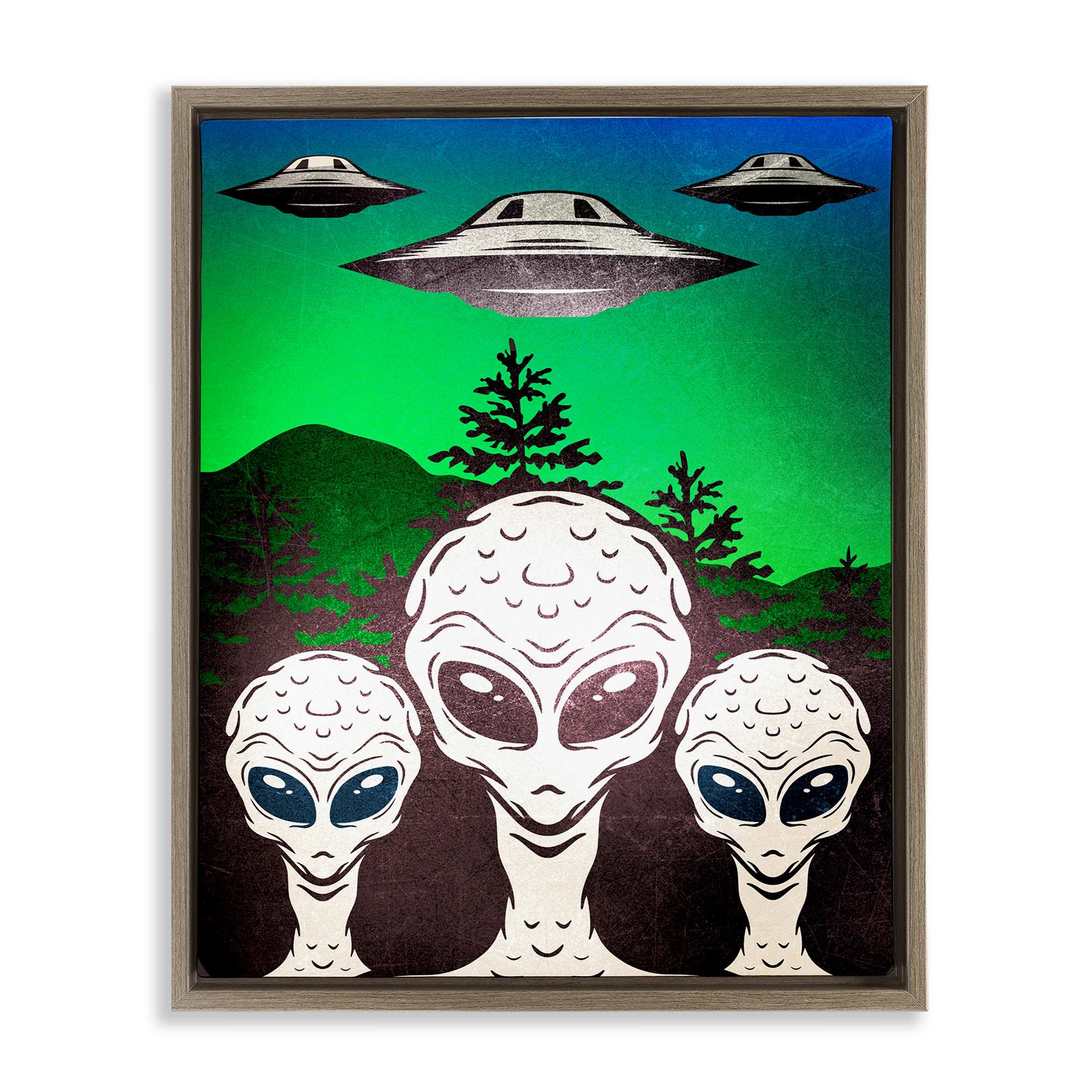Stupell Industries BS-068-FFE-16X20 Vintage Aliens and UFO Brown Framed Floater Canvas Wall Art By Kim Allen 17 x 21