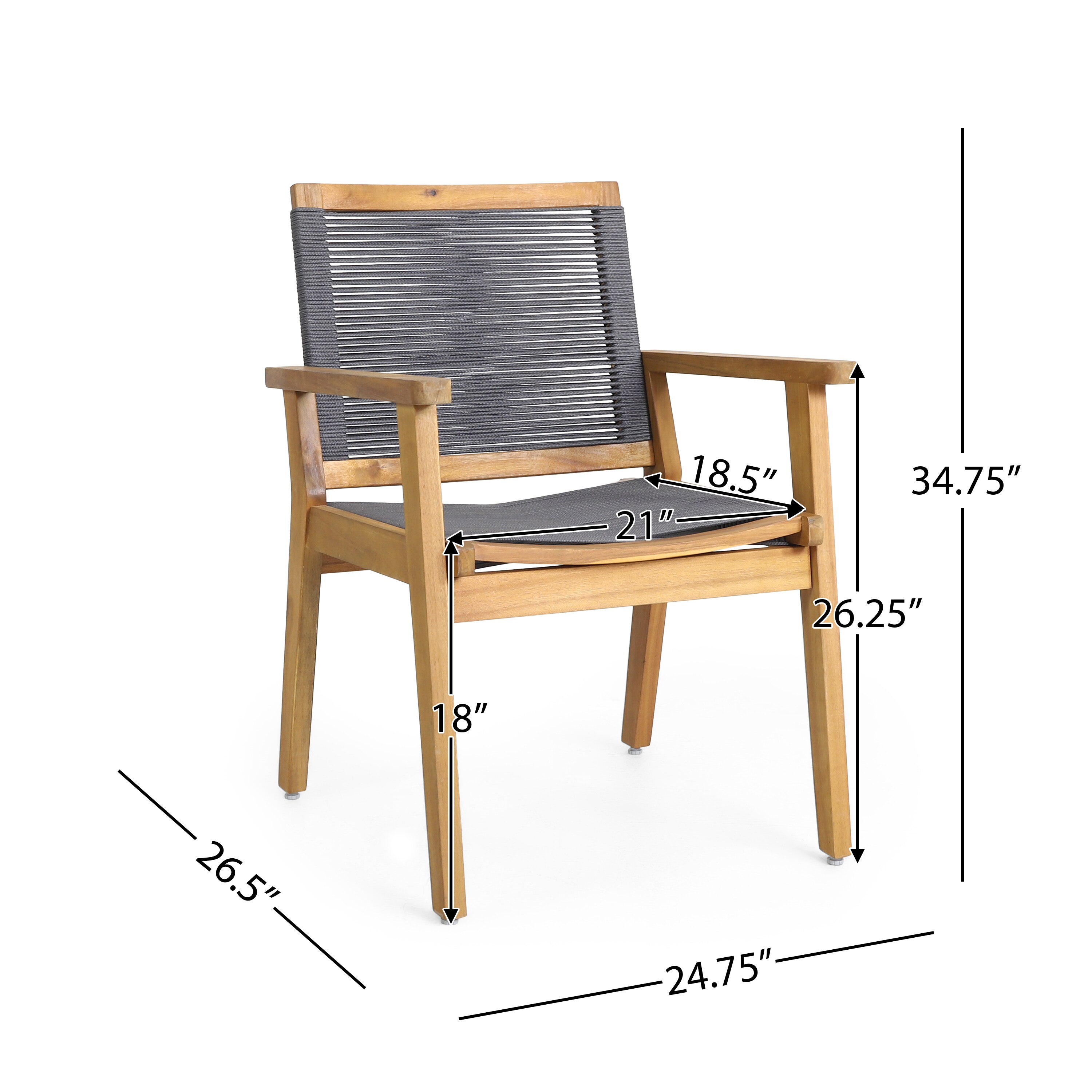 Set of 2 Teak and Dark Gray Rope Outdoor Dining Chairs