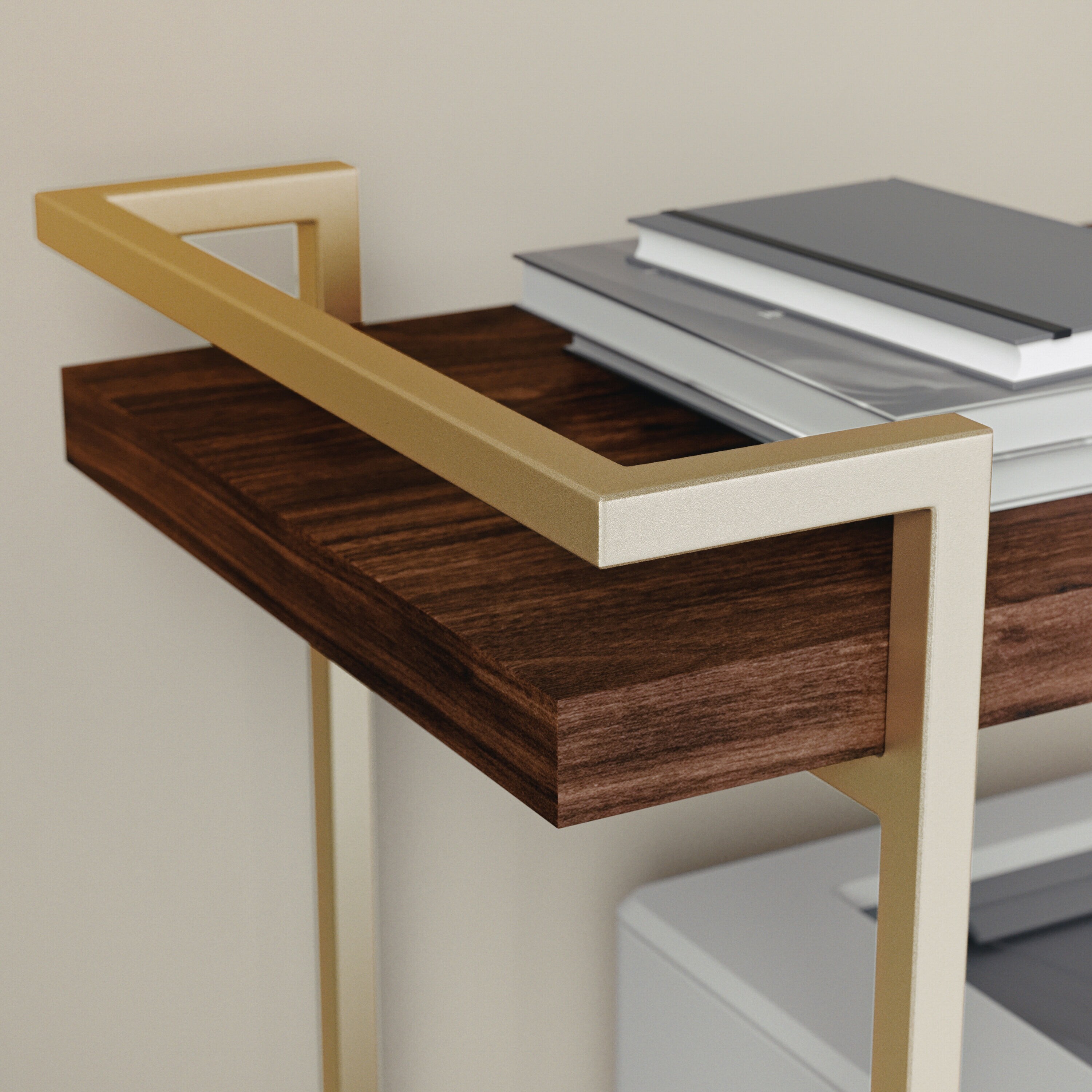 Walnut and Brass 2-Tier Mobile Office Printer Cart with Side Storage