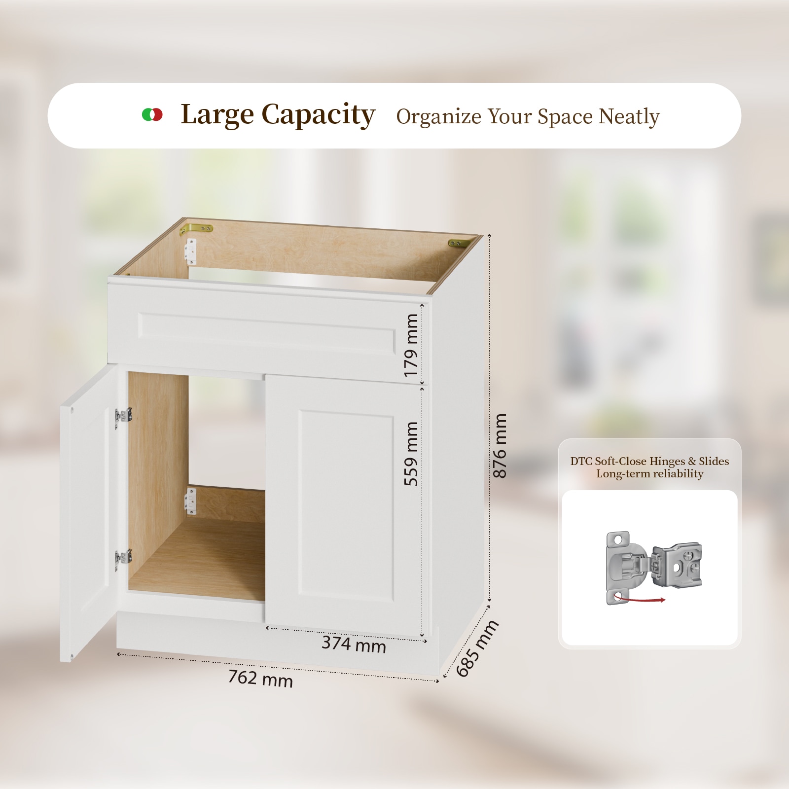 Tinyhomie 30 inch White Shaker Sink Base Cabinet Solid Wood 24 inch Deep Double Door Ready to Assemble