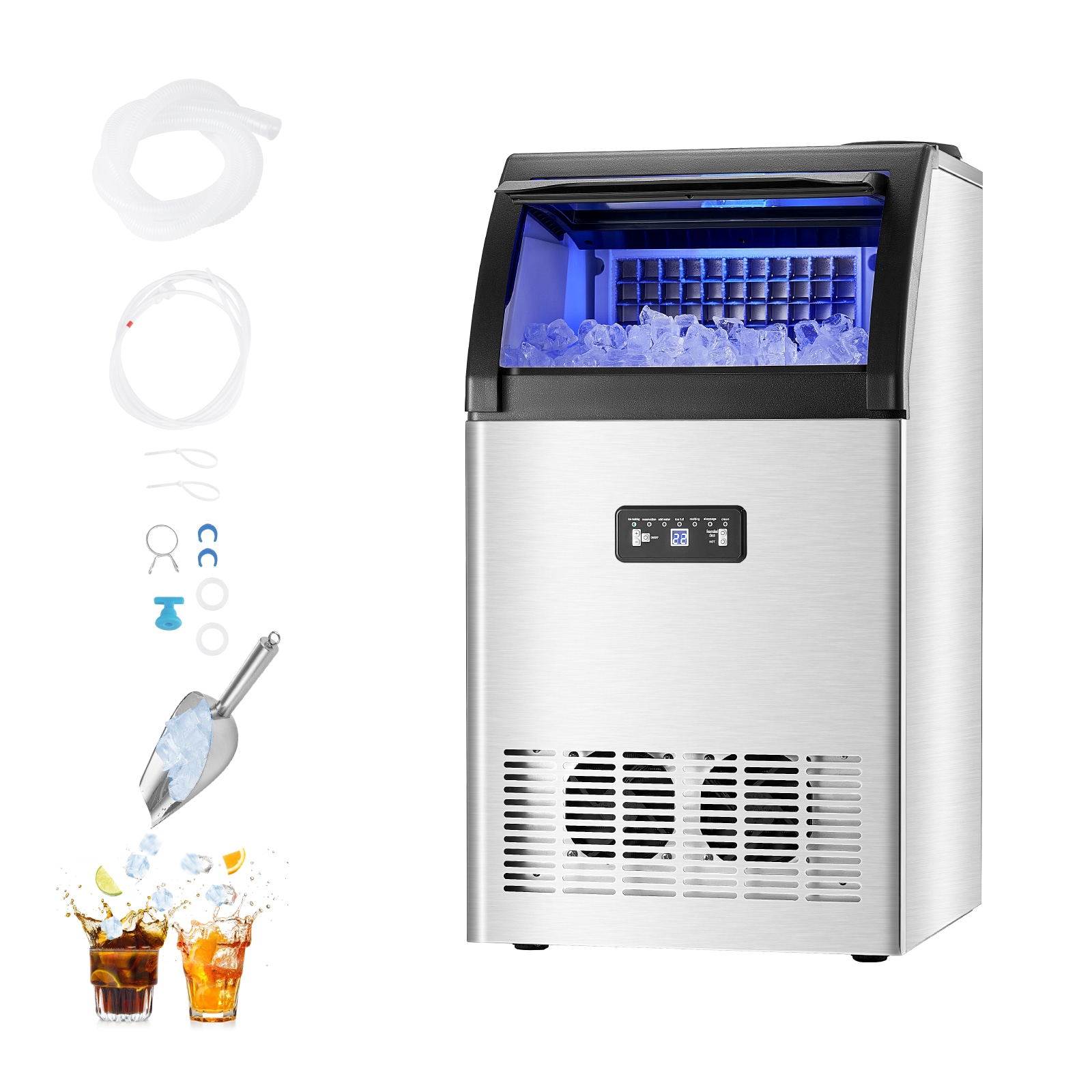 VEVOR FSJQS806QSJ6L0001V1 33 LBS Storage Ice Maker 130-lb Ice Per day Freestanding Cubed Ice Maker ( Stainless Steel + PP )