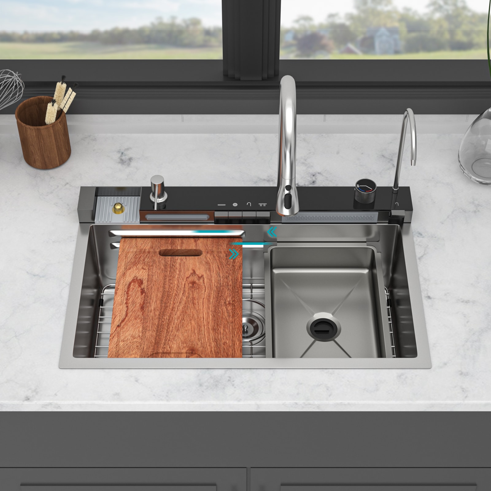RITSU  30 in Kitchen Sink Waterfall Sink 30 in x 19 in x 9 in Multifunction Single Bowl 16 Gauge Stainless Steel Ledge Workstation Smart Top Mount Kitchen Sinks with 304 stainless steel construction and 16 gauge thickness