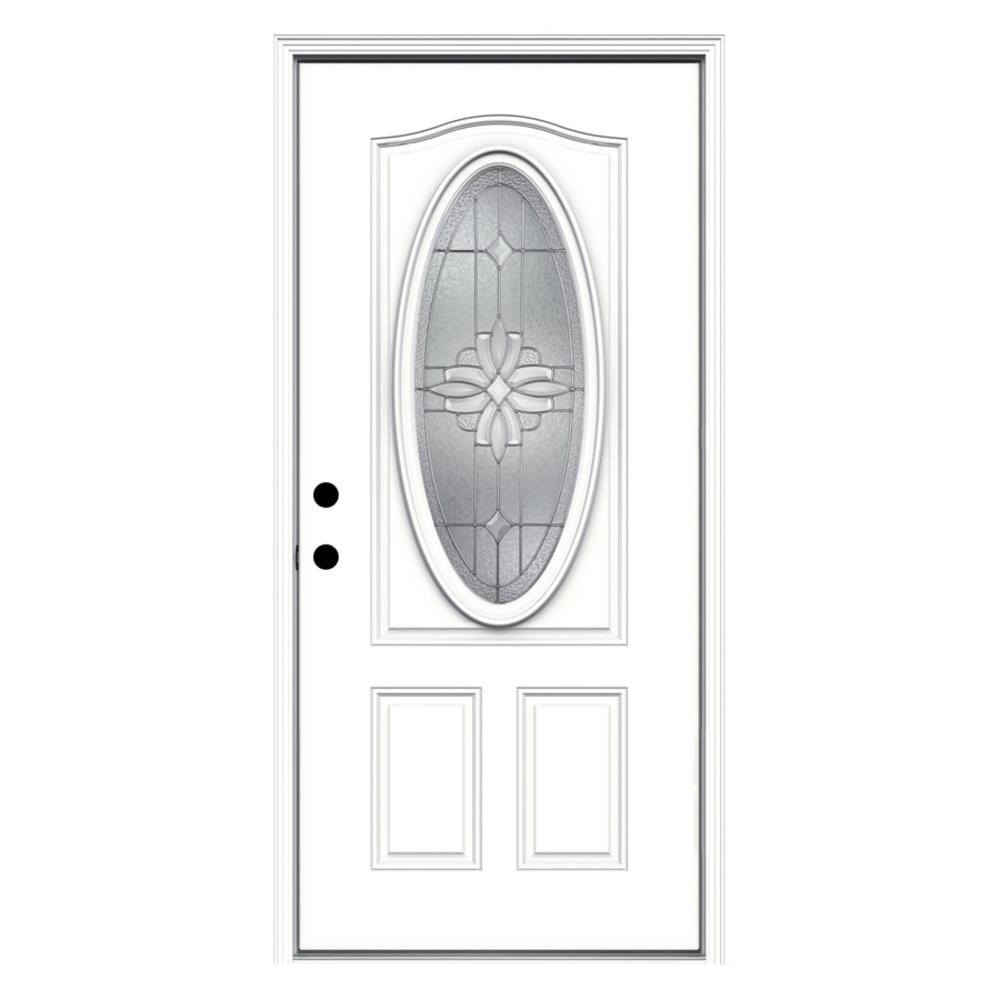 JELD-WEN LOWOLSTL36LOPLRH Laurel 32-in x 80-in x 4-9/16-in Steel Oval Lite Right-Hand Inswing Primed Prehung Front Door with Brickmould Insulating Core
