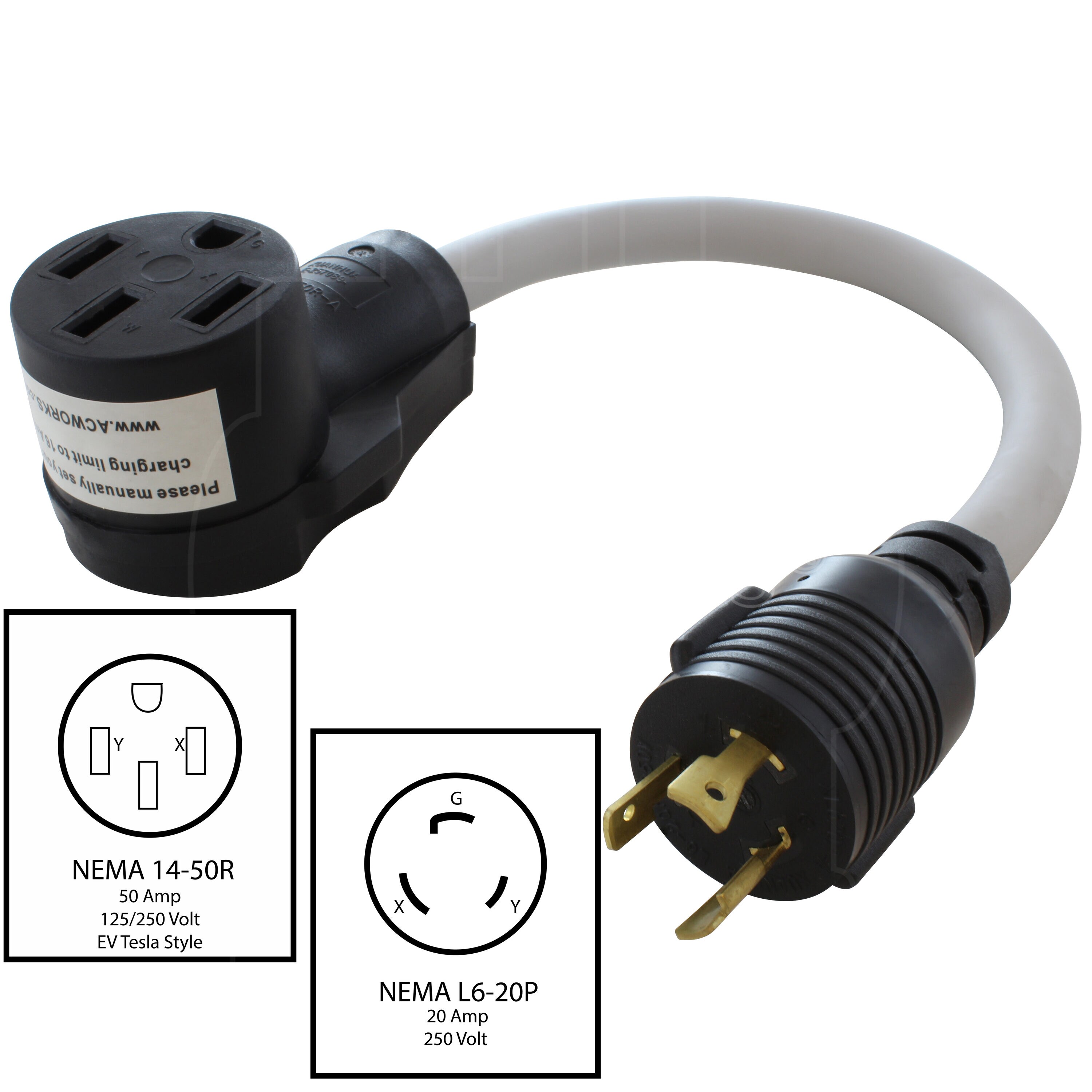 AC WORKS 1.5ft NEMA L6-20P to NEMA 14-50R Wired for Tesla EV Vehicle Charger Adapter in the Electric Car Charger Accessories department at Lowes.com