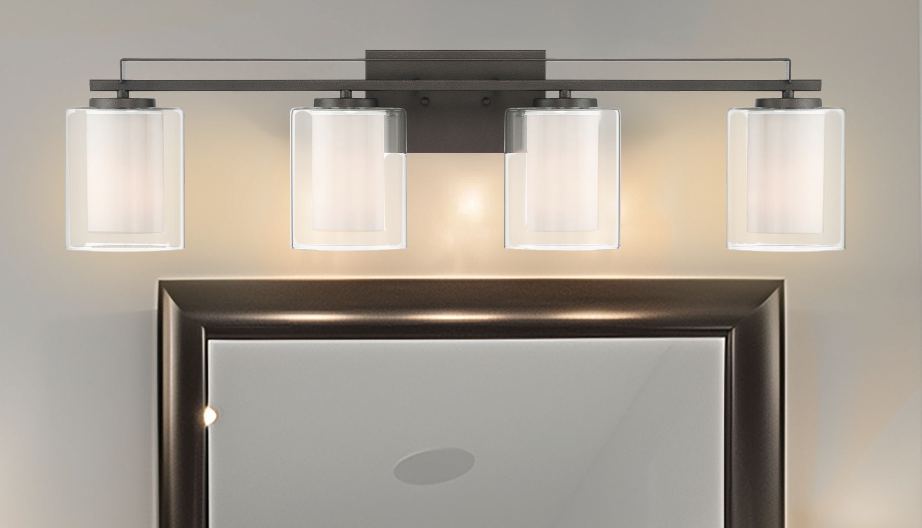 Transitional Smoked Iron 4-Light Bath Bar with Etched White Glass