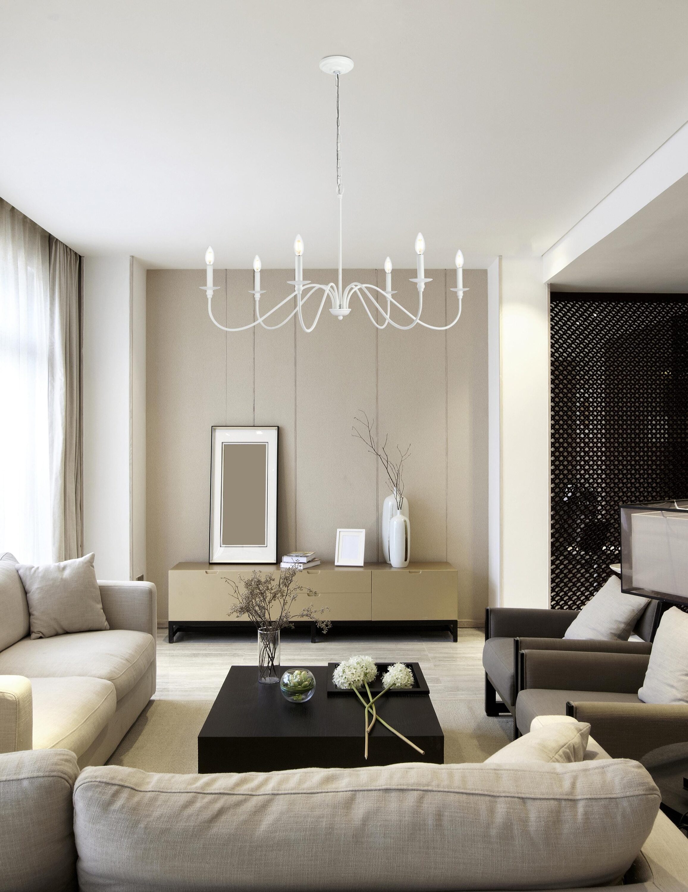 White Iron 6-Light Candle Chandelier with Adjustable Chain
