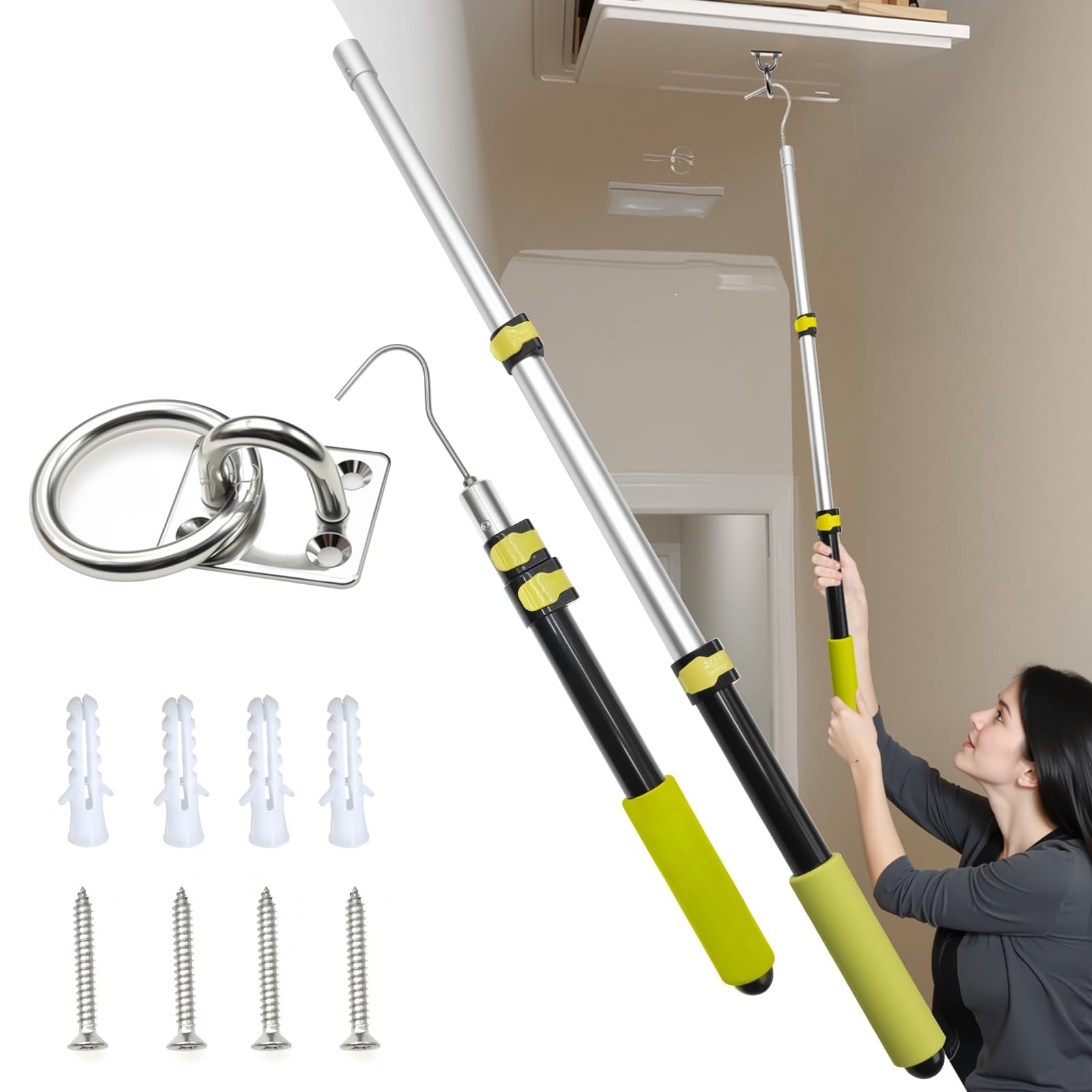 Lukvuzo  Attic Ladder Pull Down Hook Kit 1 Set Includes 40 Inch Telescoping Aluminum Pole 1 Stainless Steel Pull Tab and 1 Storage Hook