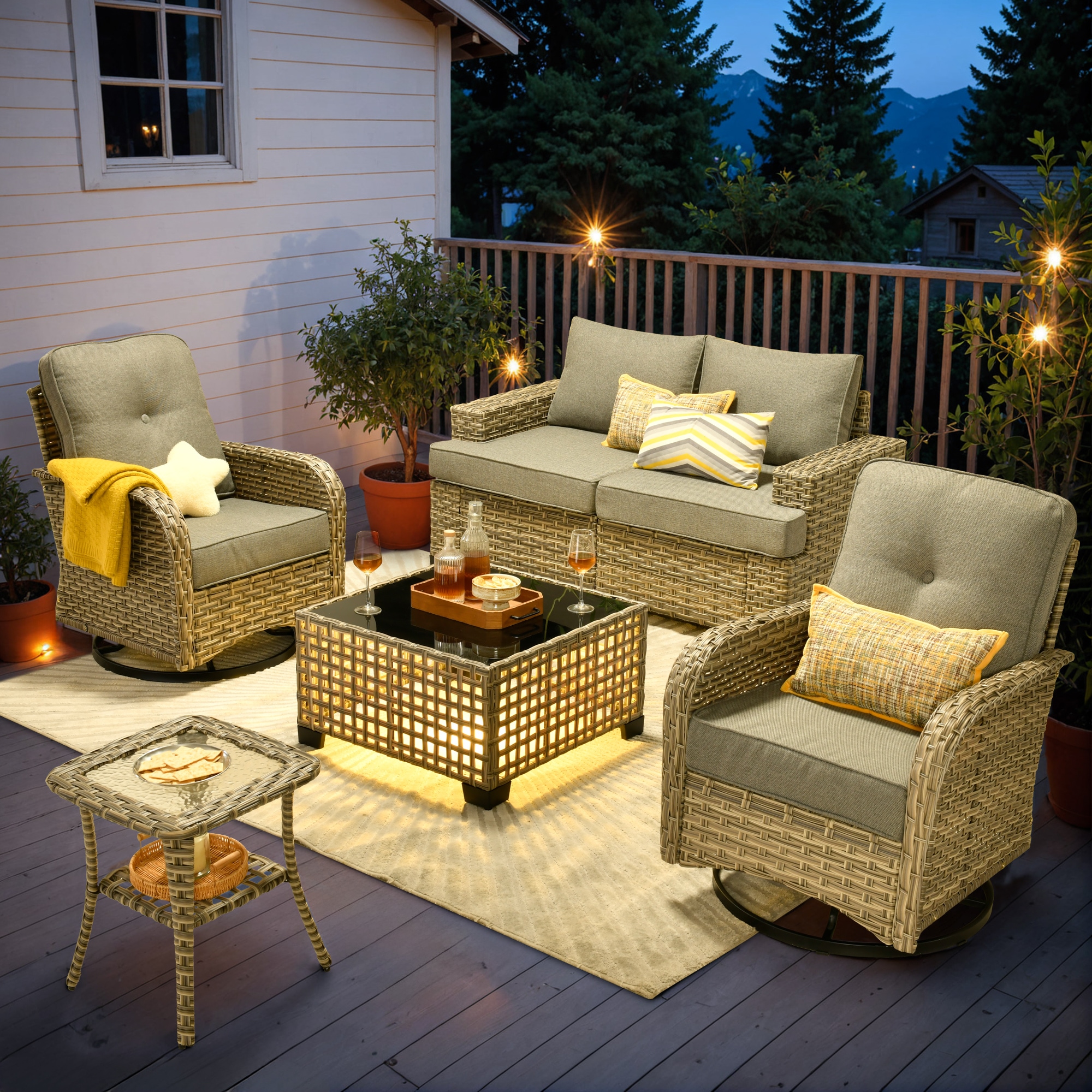 Ovios TS206YV 6 -Piece Rattan Patio Conversation Set with Dark Gray Cushions
