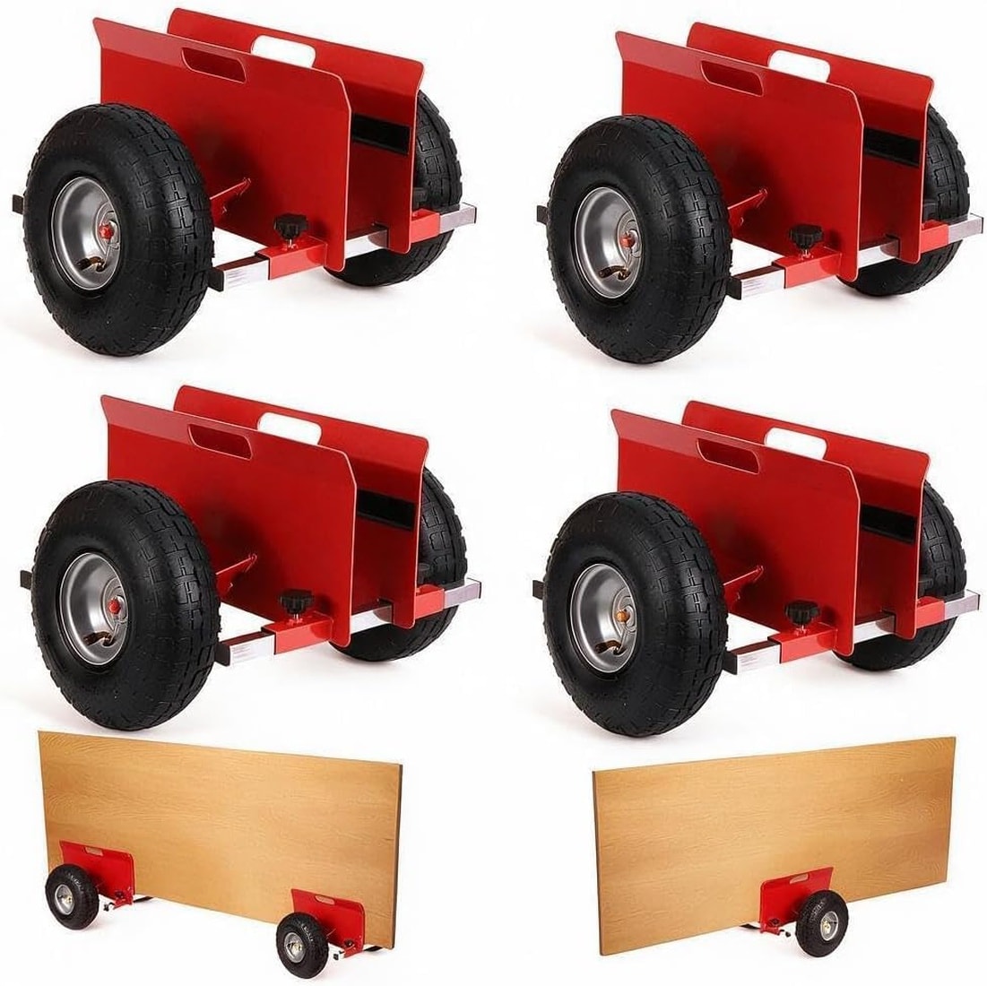 GAOMON 4-pack 600-lb Adjustable Panel Dolly Steel Drywall Mover with 10-in Pneumatic Tires and Auto-Tightening Clamp Red