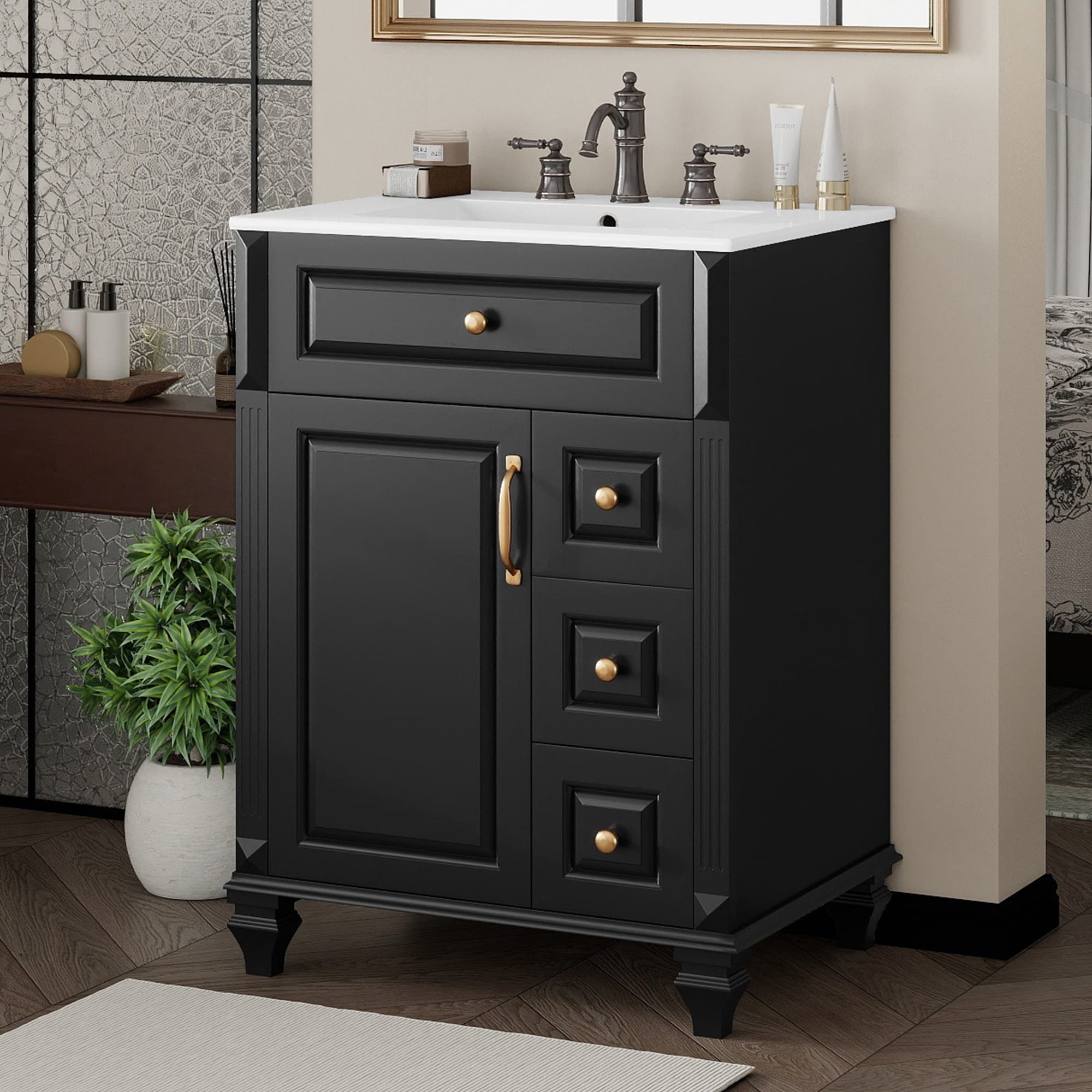 Wooakway - 24 Inch Bathroom Vanity Freestanding Rubberwood MDF Cabinet Flip Out Drawer Adjustable...