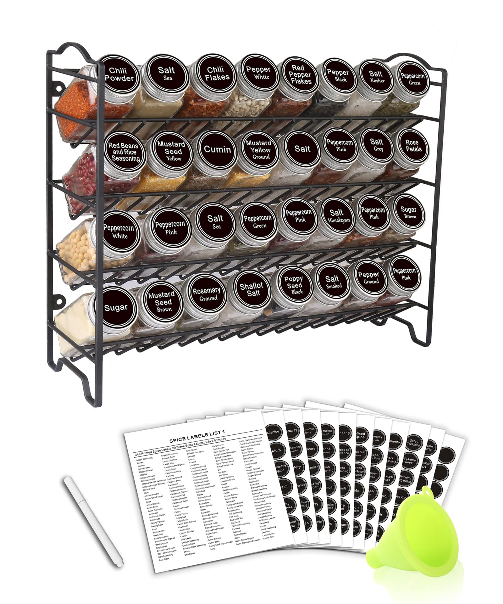 LAIFUCAM  Spice Rack Organizer Set with 32 Glass Spice Jars 396 Spice Labels Chalk Marker Funnel for Cabinet Countertop Cupboard Wall Mount Black