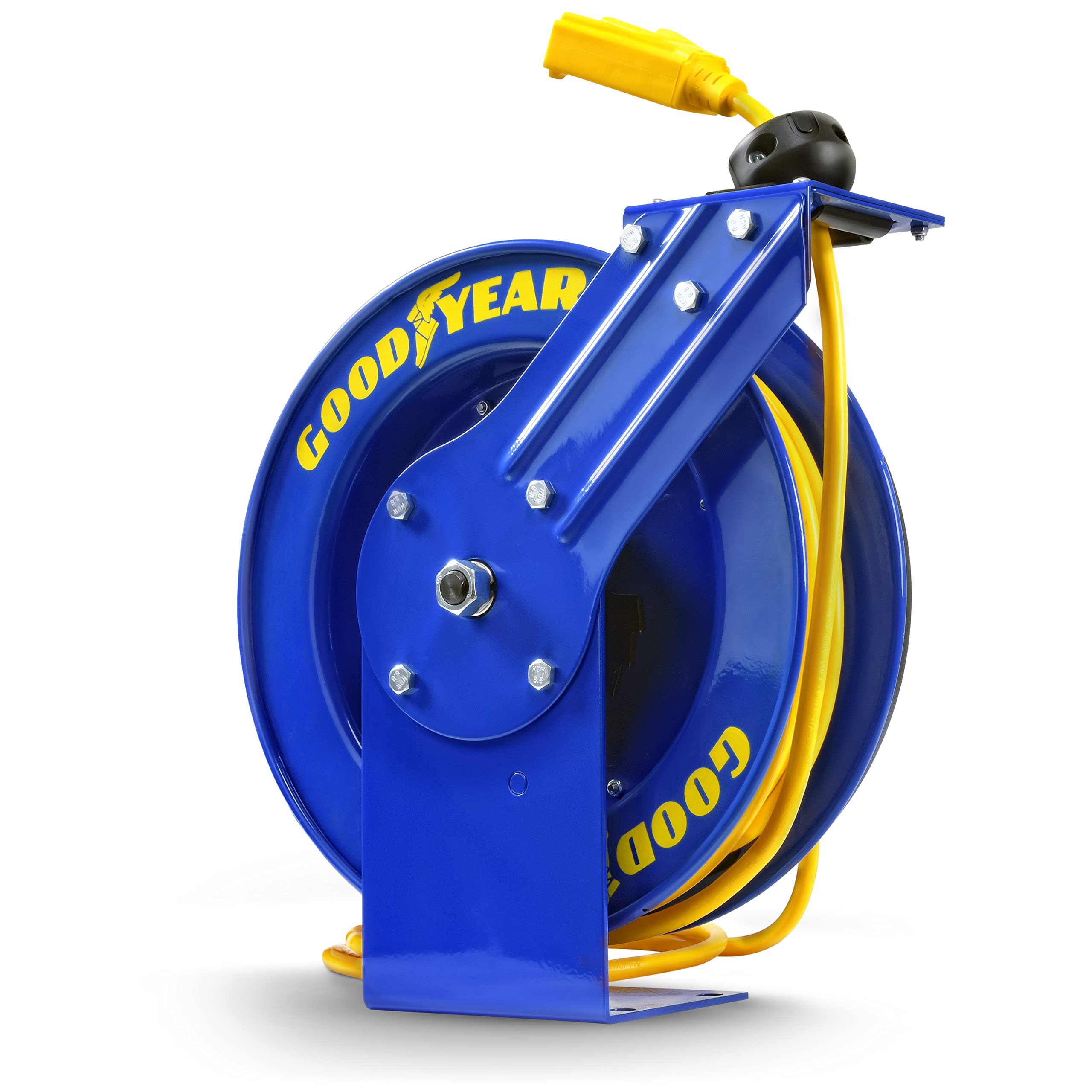 Goodyear GUR073 Extension Cord Reel Retractable 14AWG 100 Feet 3C SJTOW Cable Triple Tap Connector Power Rating 125 Volt AC 13 Amp 1625 Watt Industrial Steel Single Arm