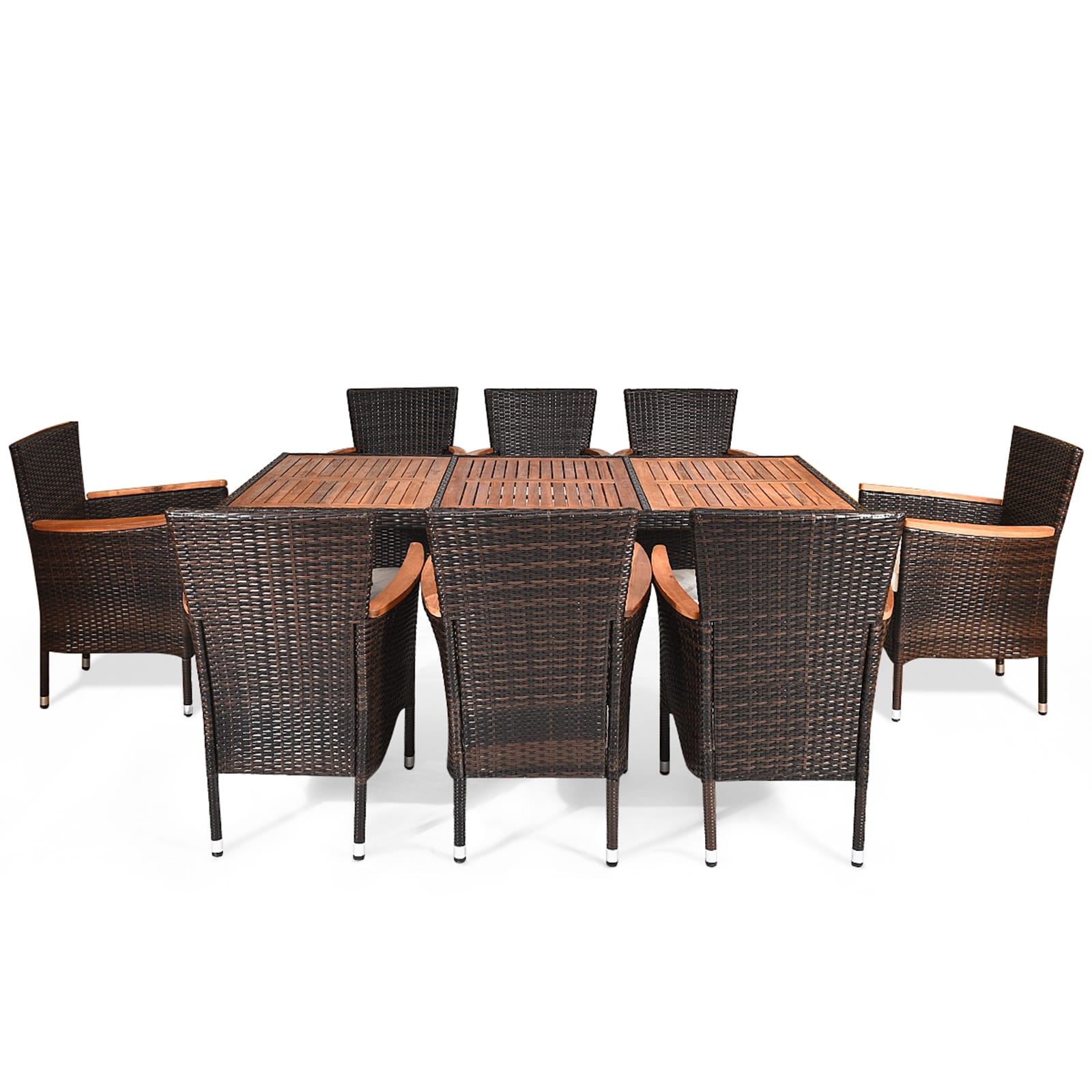 WELLFOR OUG68660B+ 9 -Piece Brown Rattan Patio Dining Set Rattan Rectangle Table with 8 Off-white Cushions Stationary Chairs