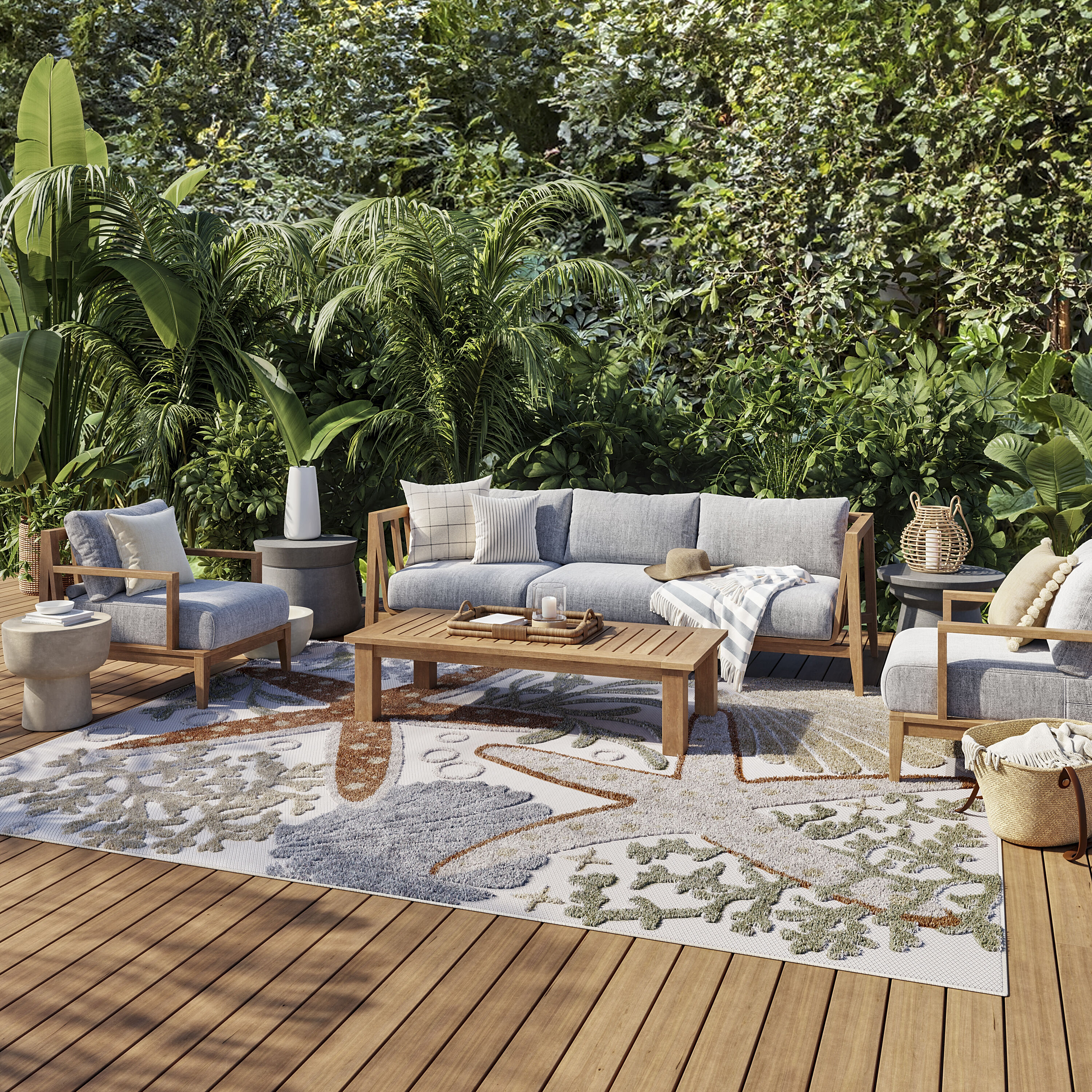 Nourison Home 099446920874 9 x 12 (ft) Loomed Polypropylene Ivory Multicolor Rectangular Indoor/Outdoor Floral/Botanical Tropical Area rug
