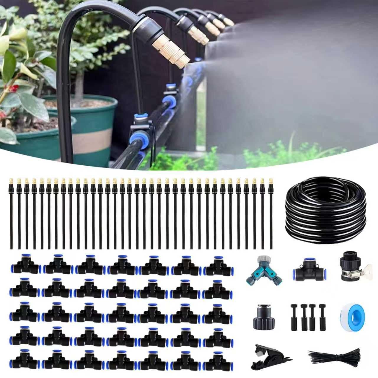 CJGQ 131 Ft Drip Irrigation Kit with 35 Adjustable 360-Degree Bending Drippers 35 Copper Misting Nozzles and Tool-Free Push-Connect Fittings for Greenhouse Patio Lawn and Vegetable Garden