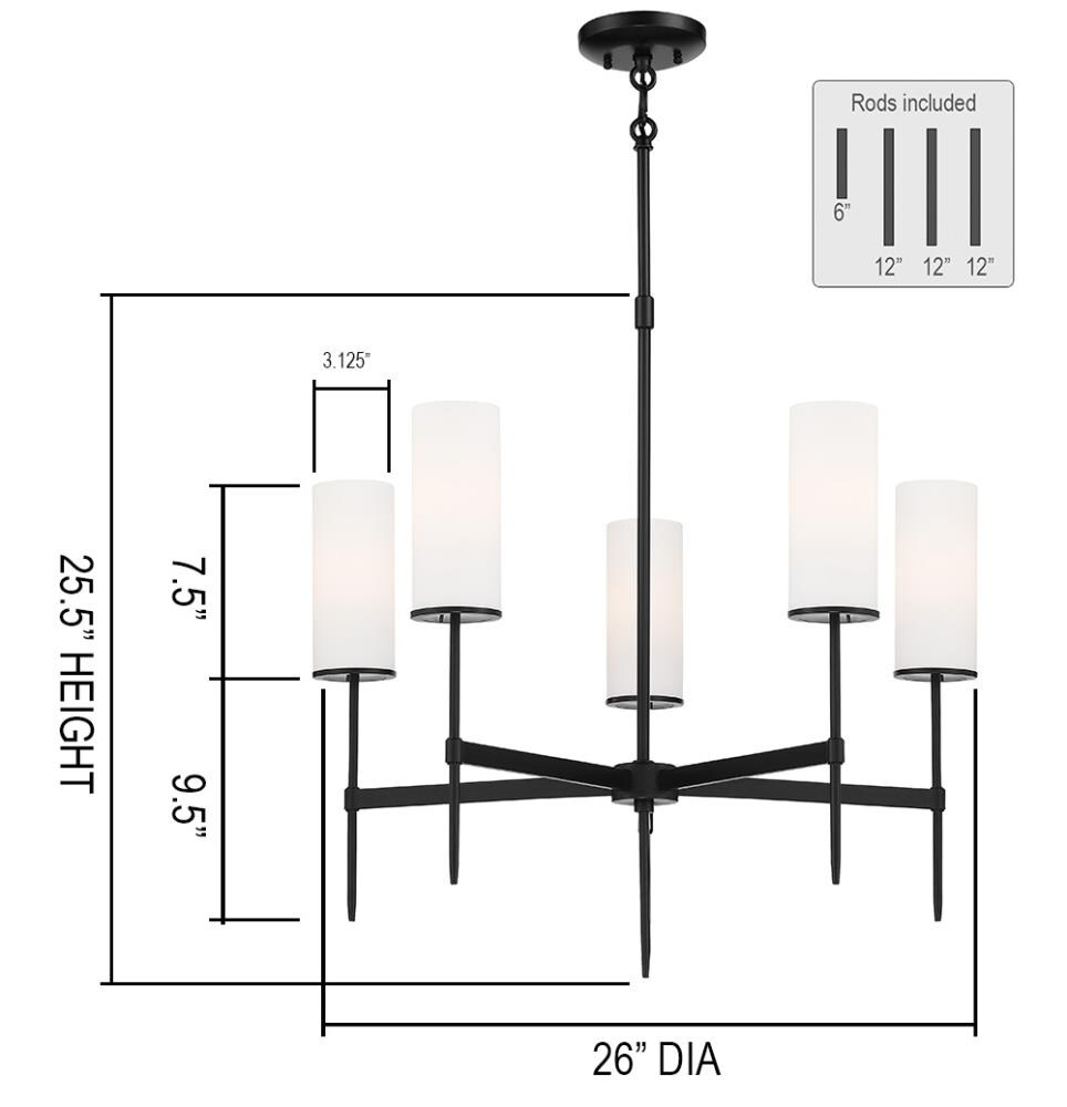 Coal Black Etched White Glass 5-Light Transitional Chandelier