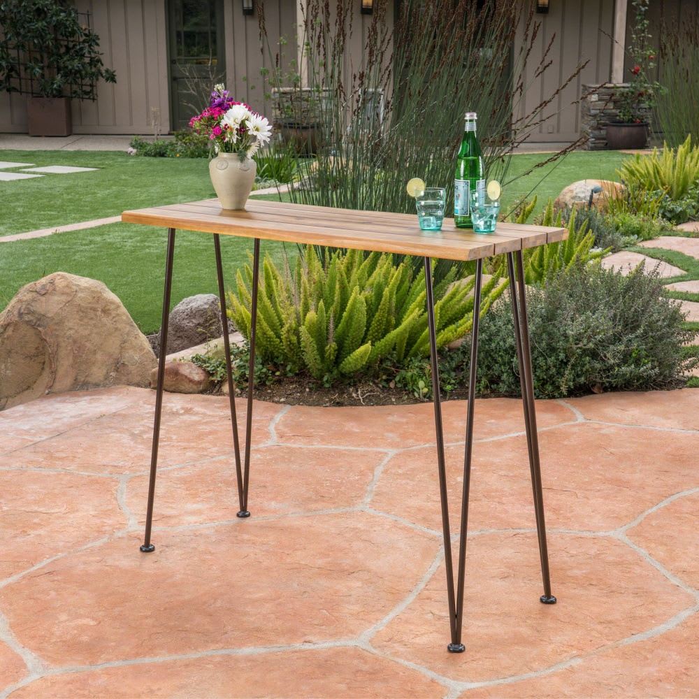 Coolbibila Modern Outdoor Industrial Brown Teak Finished Acacia Wood Bar Table Wooden Dining Table With Metal Frame Patio Bistro Porch Bar Table