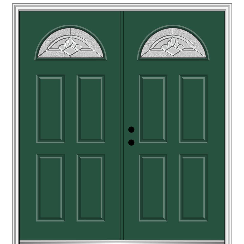 MMI DOOR ZZ366009R 68-in x 80-in x 4-9/16-in Fiberglass 1/4 lite Right-hand inswing Hunter Green Painted Prehung Double Front Door with Brickmould Insulating core