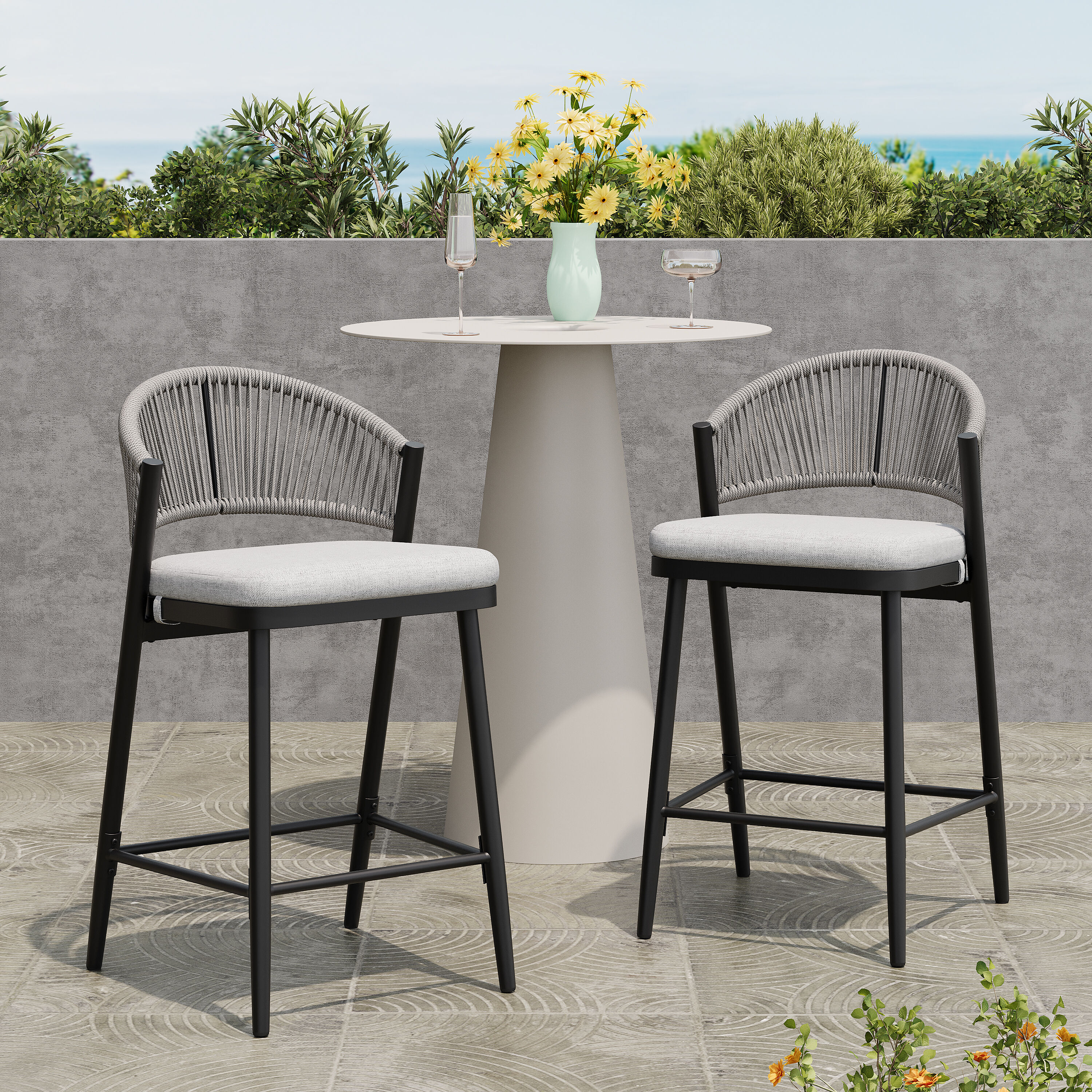 Carter Outdoor 26-inch Seat Height Counter Stools with Metal Frame and Rattan Scallop Backrest (Set of 4) - Matte Black