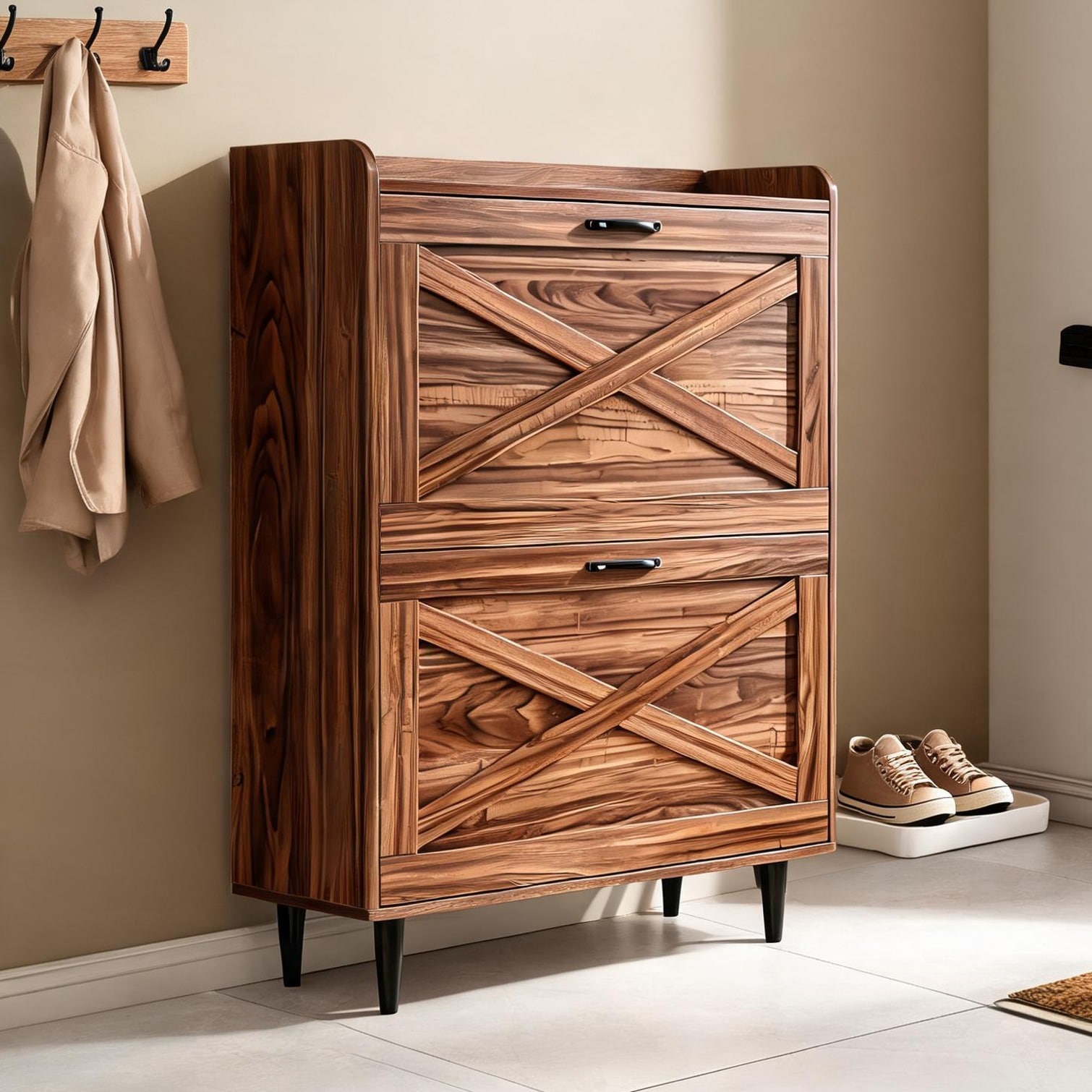 BBabe Walnut 2-Drawer Shoe Cabinet with Flip-Top Doors 31.6 Wide